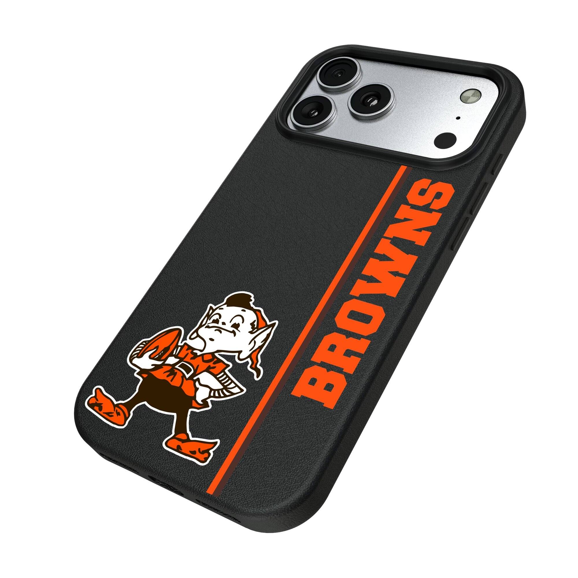 Alt View 1. Keyscaper - Cleveland Browns Throwback Logo iPhone Magnetic Bump Case - 15 Pro - Black.