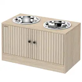 Pawhut - Dog Bowls with Storage Cabinet, 2 Stainless Steel Bowls, Slow Feeder - Oak