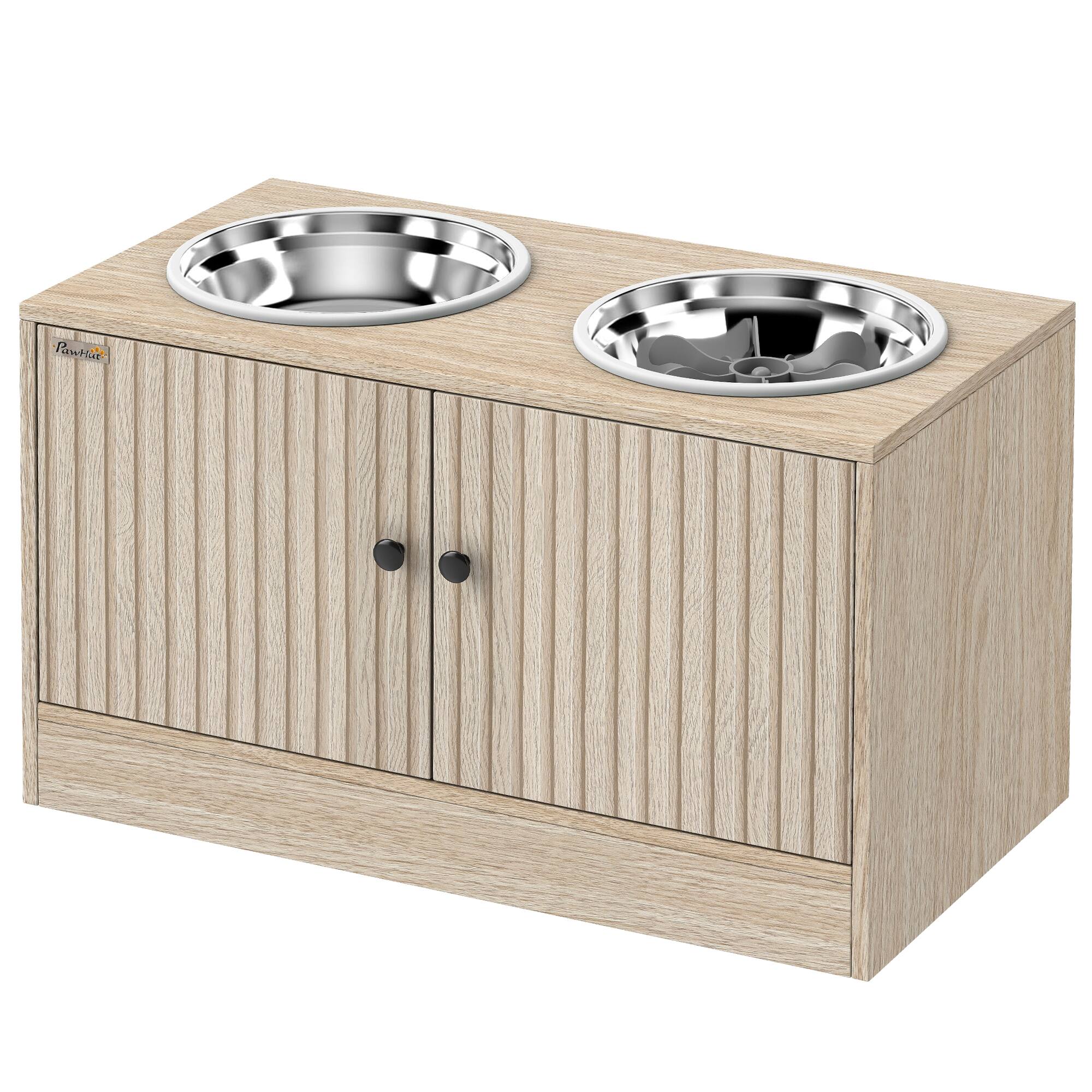 Front. Pawhut - Dog Bowls with Storage Cabinet, 2 Stainless Steel Bowls, Slow Feeder - Oak.