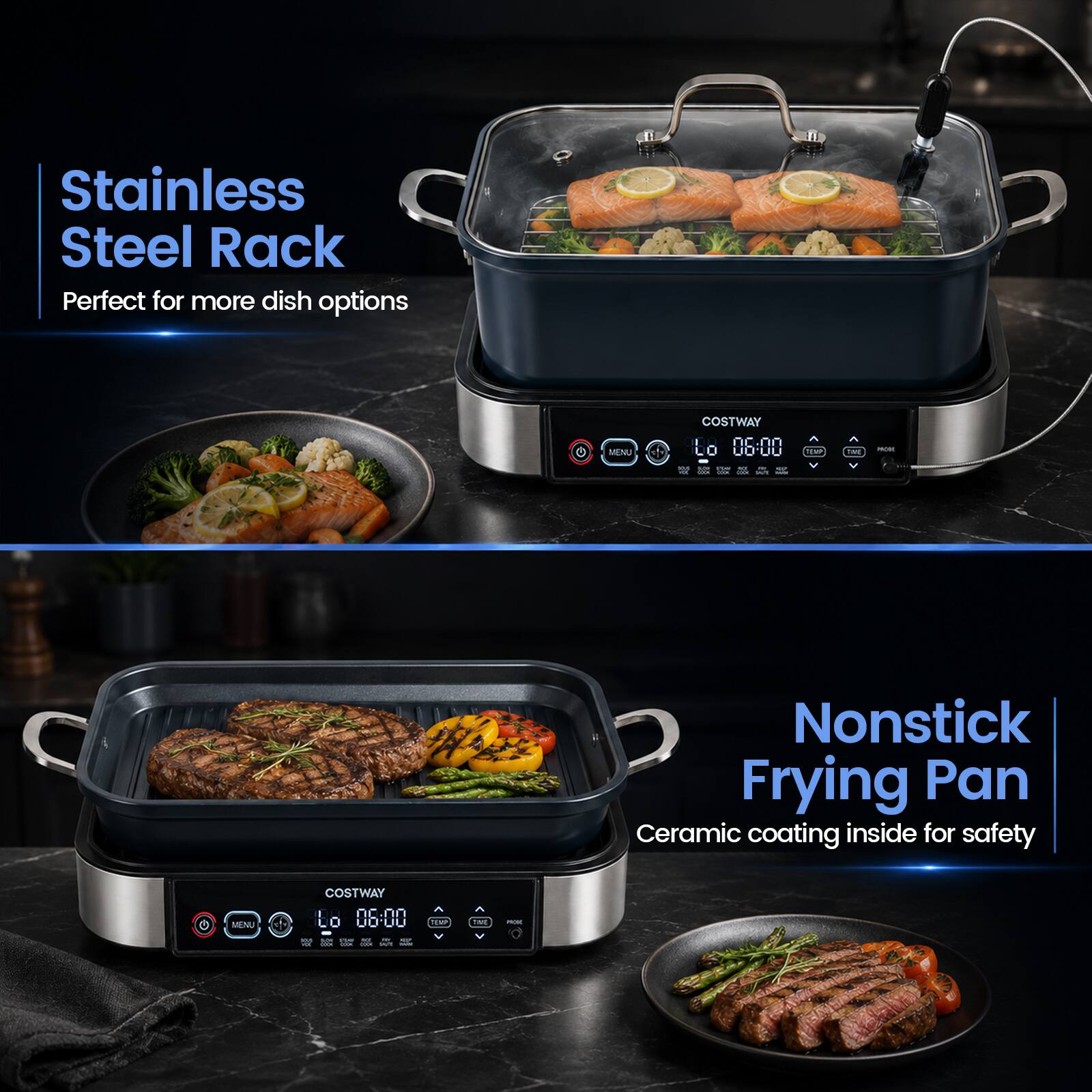 Stainless Steel Rack  
Perfect for more dish options  

Nonstick Frying Pan  
Ceramic coating inside for safety
