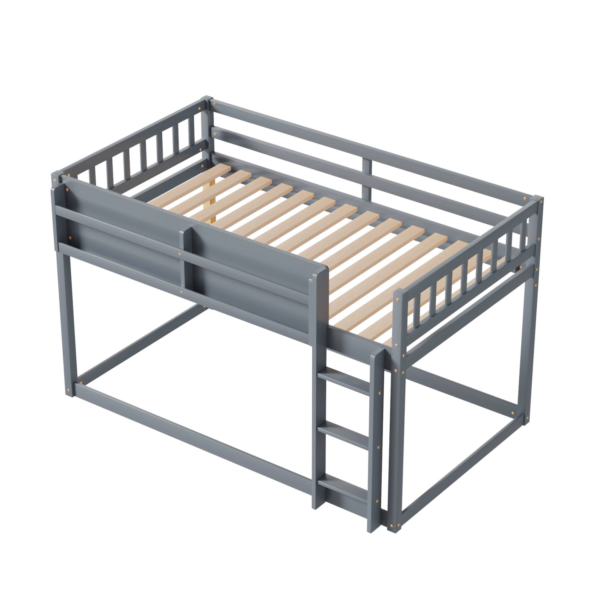Alt View 7. GOODSILO - Low Twin Over Twin Solid Wood Bunk Bed with Ladder for Kids and Juniors - Grey.