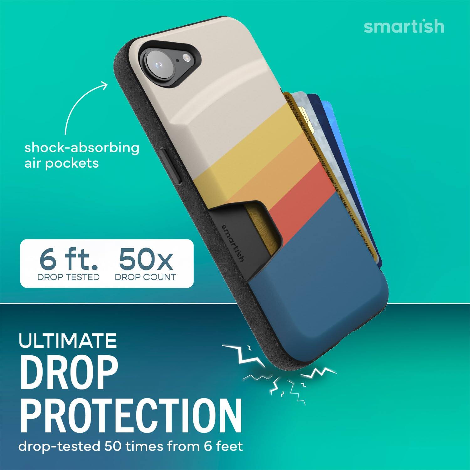 smartish

shock-absorbing air pockets

6 ft. 50x DROP TESTED DROP COUNT

smartish

ULTIMATE DROP PROTECTION drop-tested 50 times from 6 feet