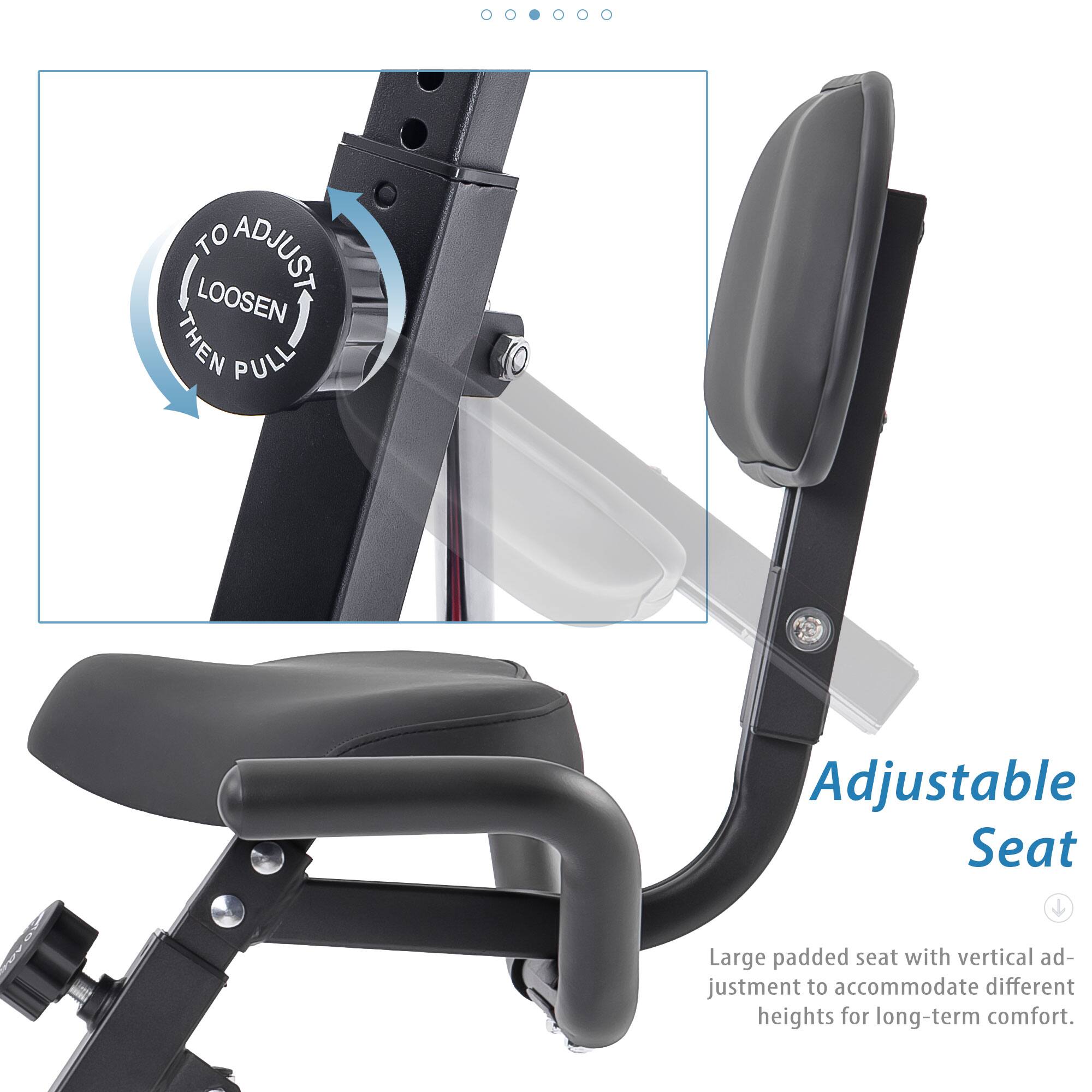 To adjust, loosen then pull.

Adjustable Seat

Large padded seat with vertical adjustment to accommodate different heights for long-term comfort.