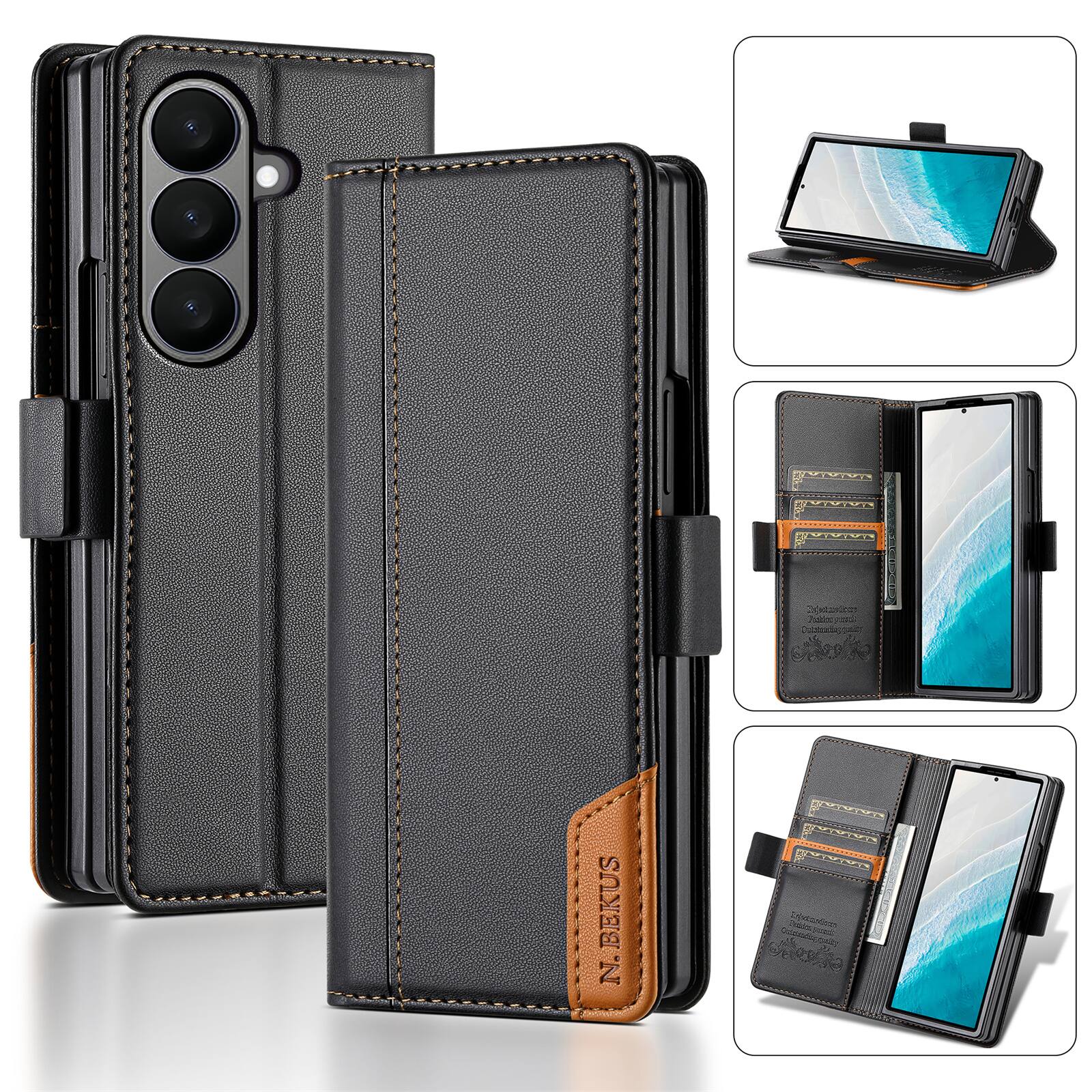 Alt View 4. Dteck - Wallet Case for Samsung Galaxy Z Fold8 Ultra, Leather Folio Cover with Card Slots & Magnetic Closure - Black.