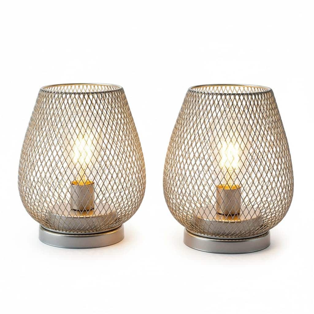 FINEAK - Set of 2 Battery-Powered LED Lanterns - Metal Cage Accent Lights for Indoor & Outdoor Use - Silver