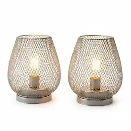FINEAK - Set of 2 Battery-Powered LED Lanterns - Metal Cage Accent Lights for Indoor & Outdoor Use - Silver