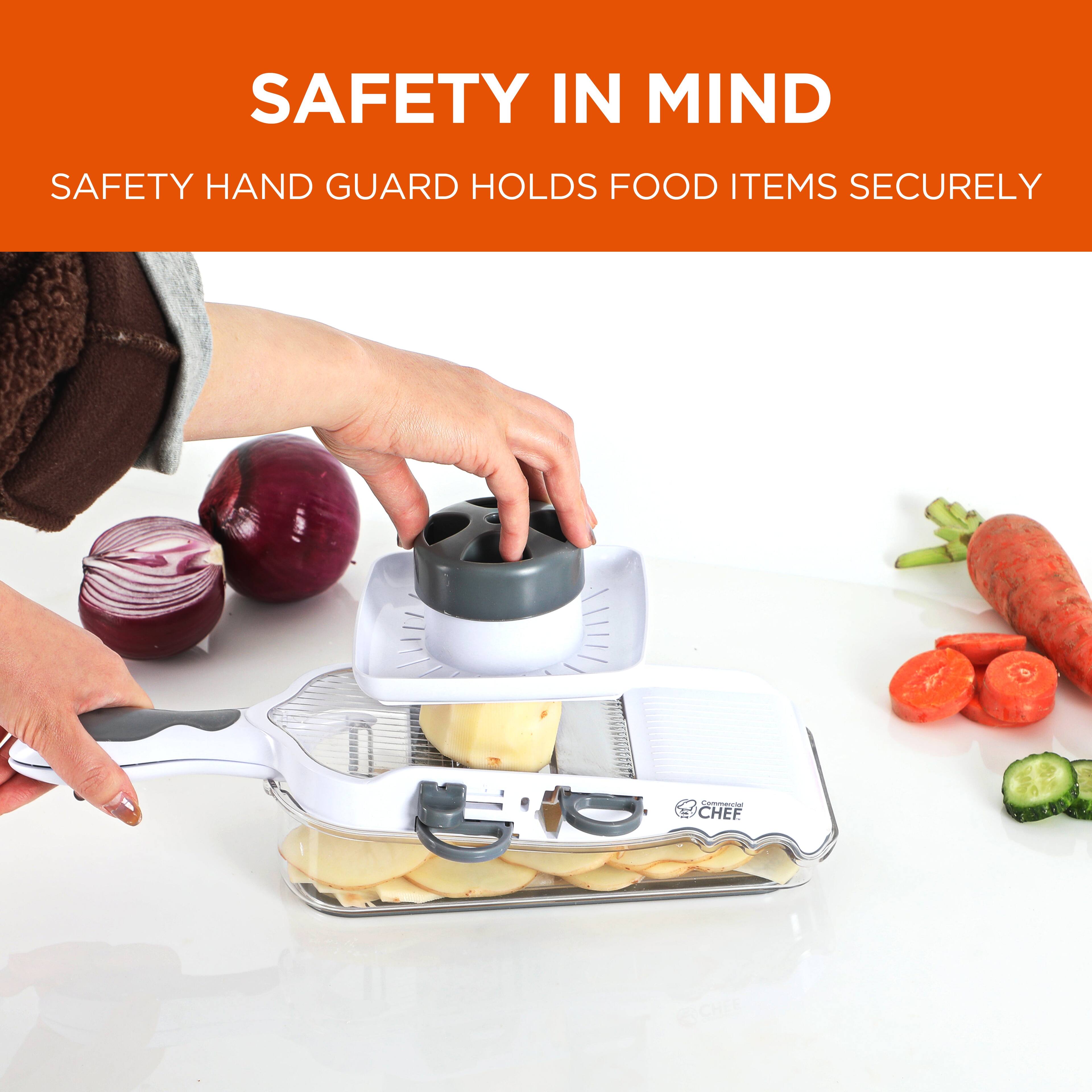 SAFETY IN MIND  
SAFETY HAND GUARD HOLDS FOOD ITEMS SECURELY  

SAFETY  
SAFETY HAND GUARD HOLDS FOOD ITEMS SECURELY  

CHEF