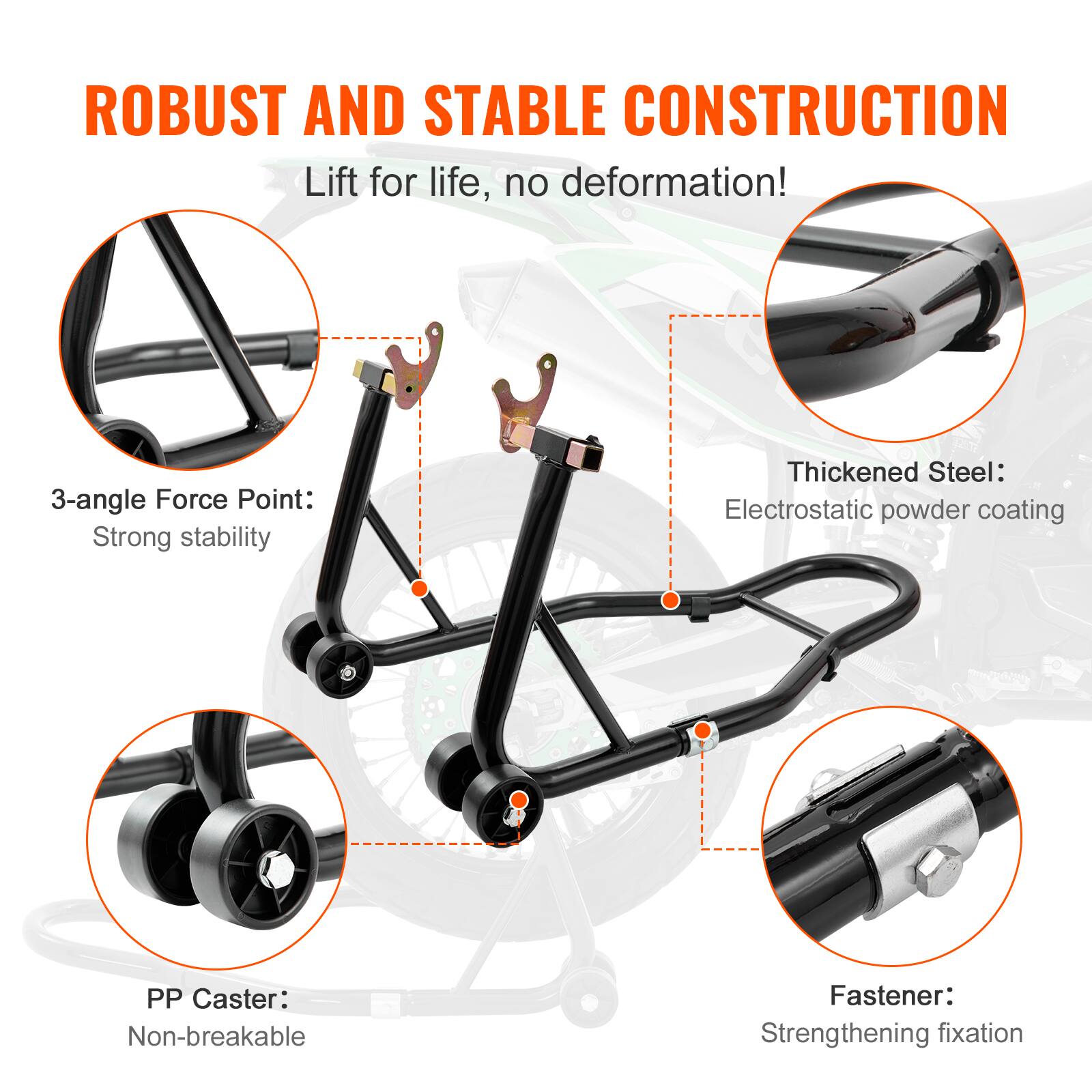ROBUST AND STABLE CONSTRUCTION  
Lift for life, no deformation!  

3-angle Force Point:  
Strong stability  

Thickened Steel:  
Electrostatic powder coating  

PP Caster:  
Non-breakable  

Fastener:  
Strengthening fixation