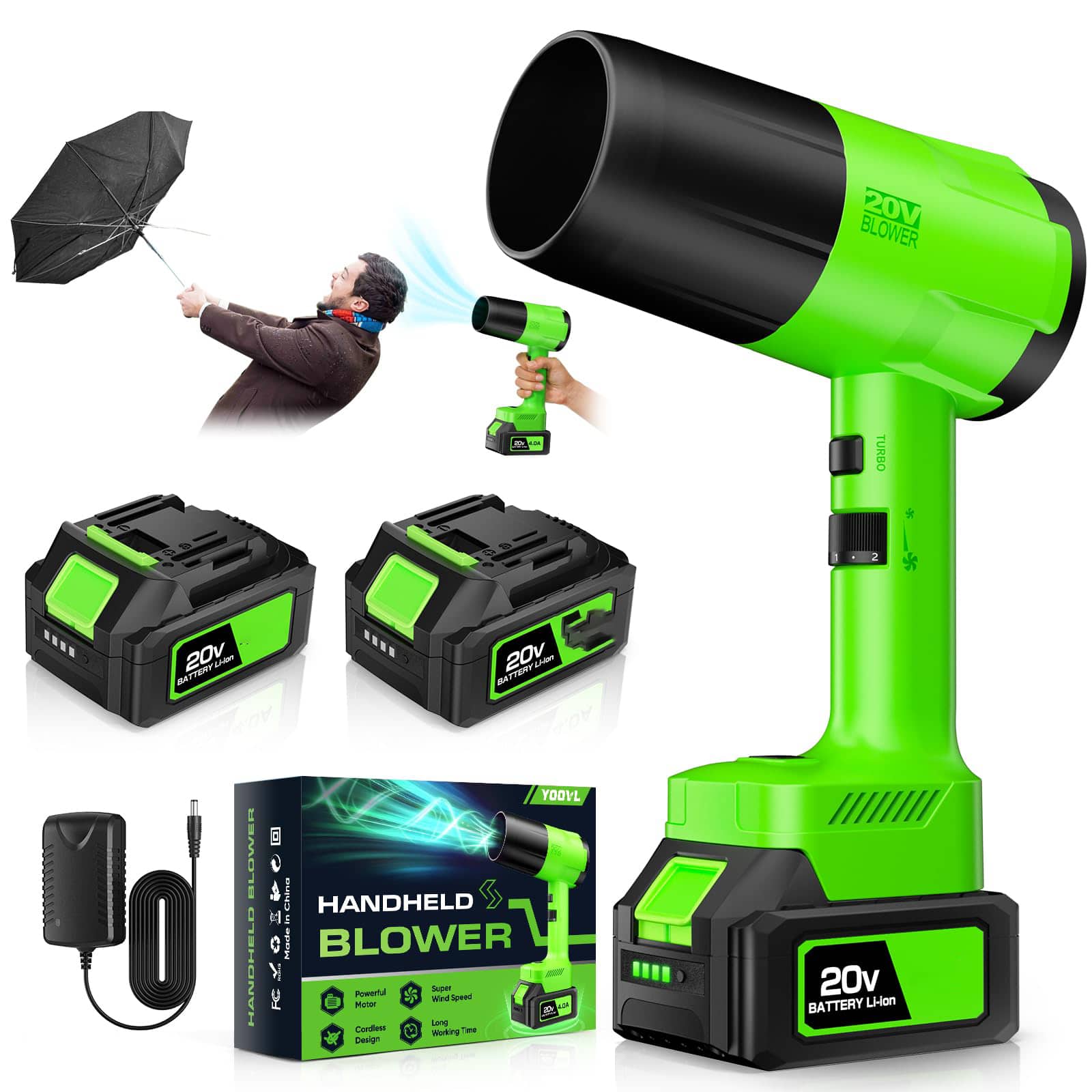 GlowWise - Cordless handheld leaf blower, 2 batteries & charger, 6 speeds, lightweight. Ideal for patio, lawn, leaves, and dust - Green