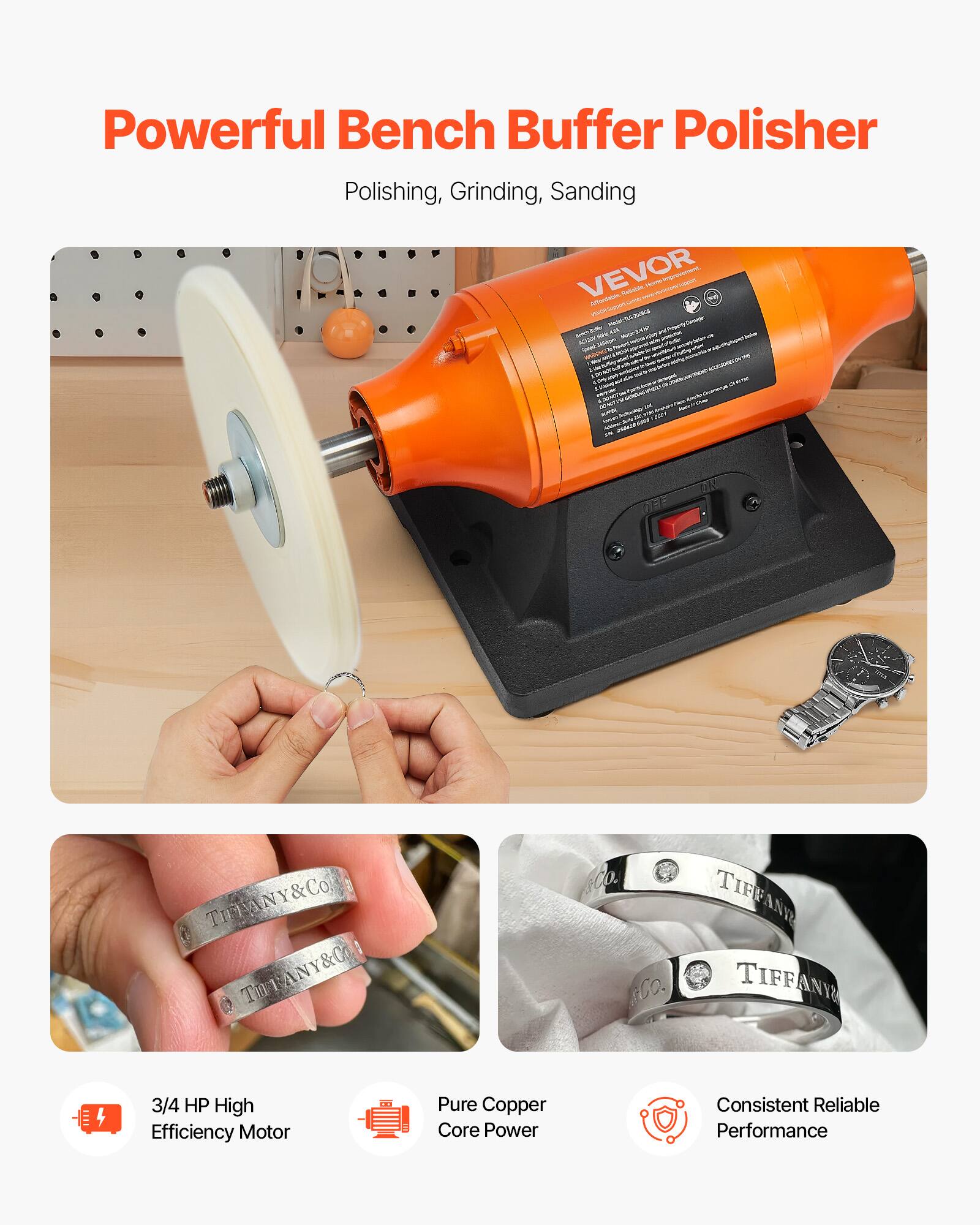 Powerful Bench Buffer Polisher  
Polishing, Grinding, Sanding  

VEVOR  

3/4 HP High Efficiency Motor  
Pure Copper Core Power  
Consistent Reliable Performance