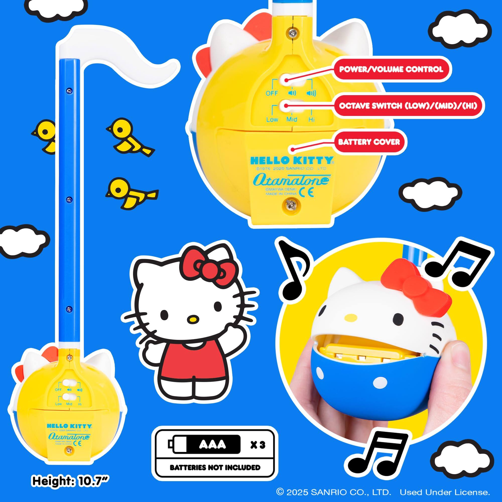 POWER/VOLUME CONTROL OFF Low ) - Mid  H OCTAVE SWITCH (LOW)/(MID)/(HI) BATTERY COVER HELLO KITTY 01876 goure SANRIO CO LTD Atamalone CAtr NA AC - PA C  HELLO KITTY - - aada Oamalone CE AAA X3 Height: 10.7" BATTERIES NOT INCLUDED  2025 SANRIO CO., LTD. Used Under License.