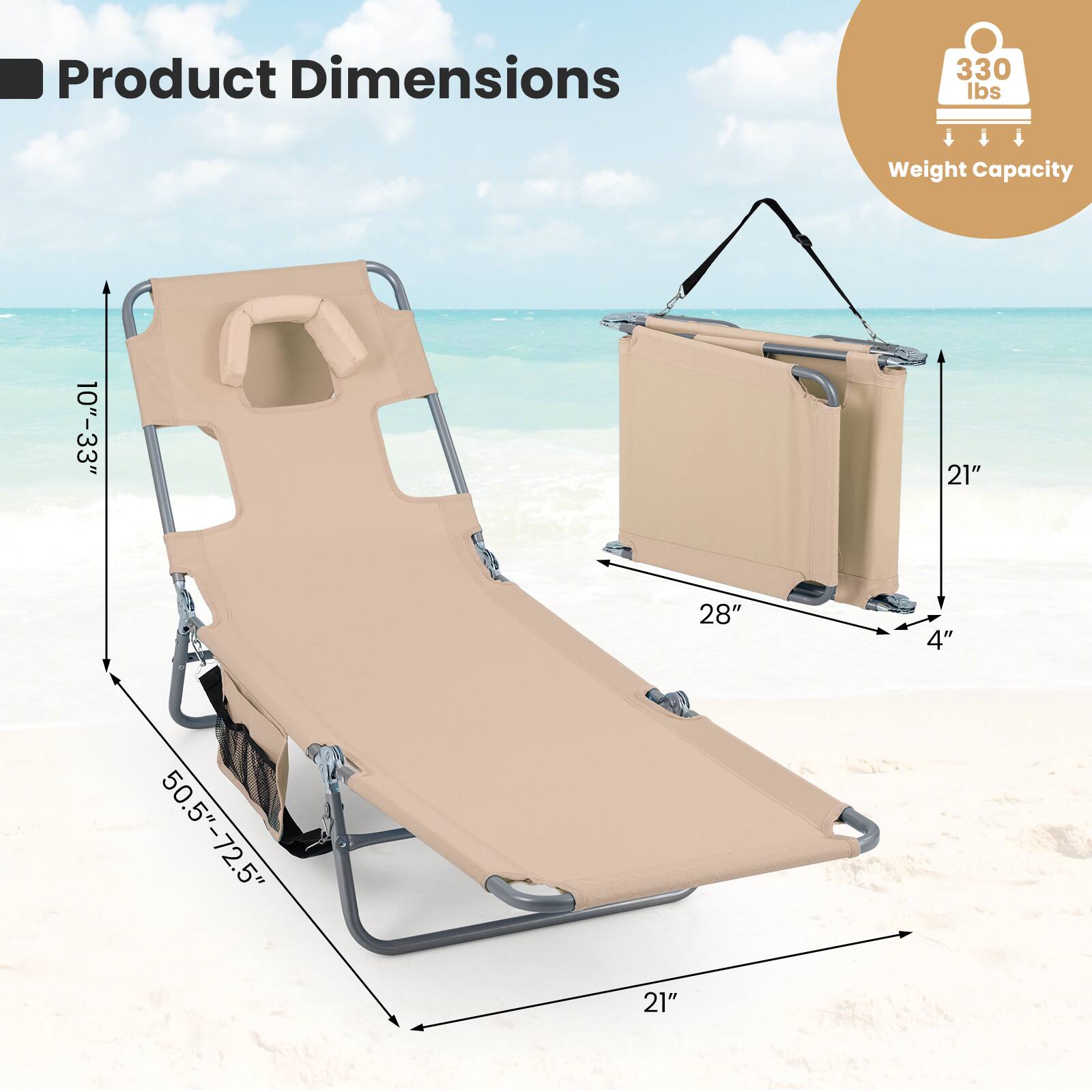 Product Dimensions  
330 lbs Weight Capacity  
10"-33"  
21"  
28"  
4"  
50.5"-72.5"  
21"