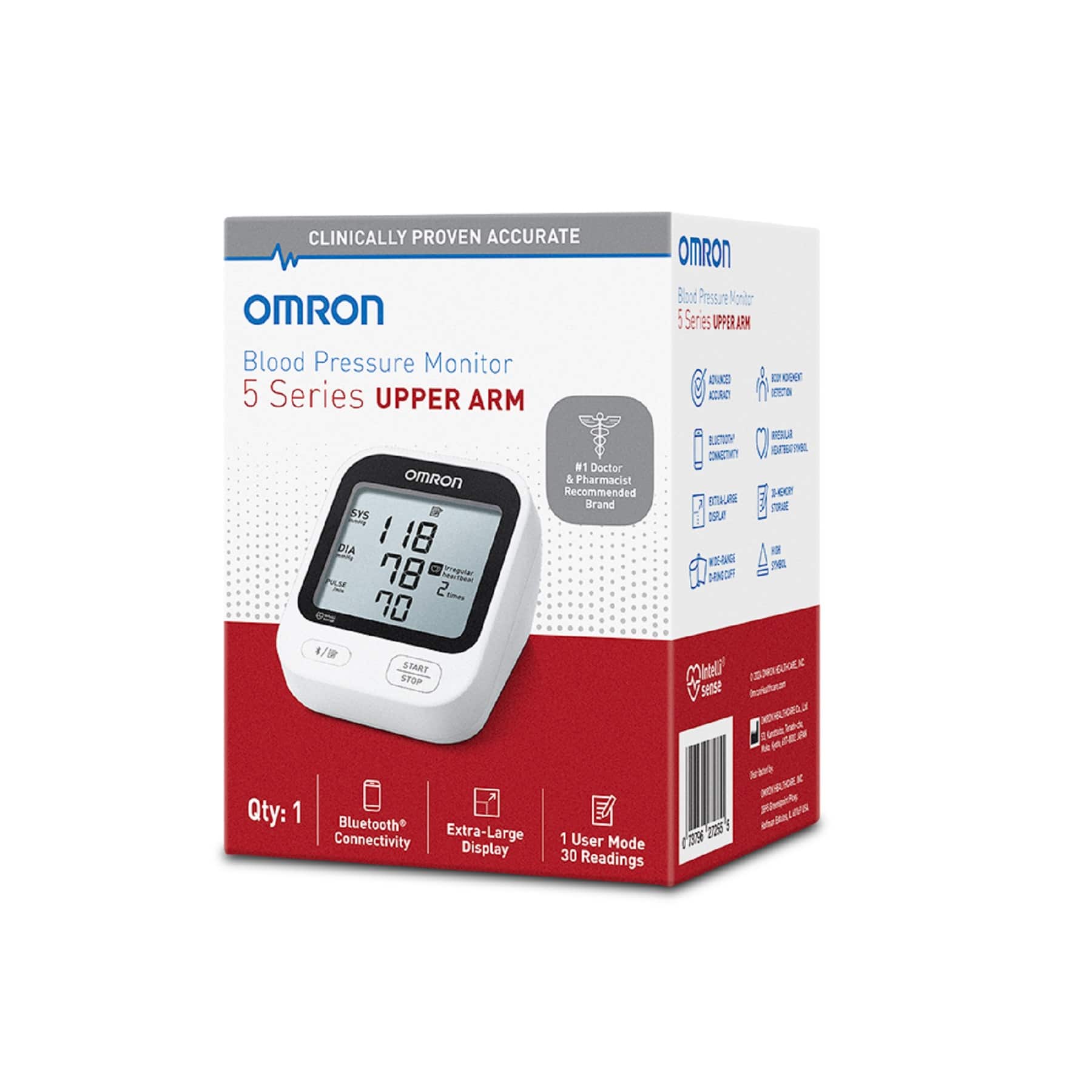 Omron BP Monitor: Clinically Proven Accurate Upper Arm Blood Pressure Monitor. Series 5. 30 Readings. 1 User Mode. Bluetooth Connectivity. Extra-Large Display. 180° Viewing Angle. 78 mmHg/10 mmHg. 1356 Sandt - Jederi E.M.O. 1/1.