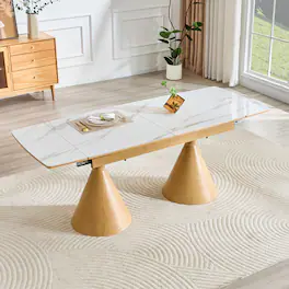 Loheer - Extendable Dining Table, White Marble Effect Sintered Stone Top, Modern Rectangle for 4 to 8 People - White and wood