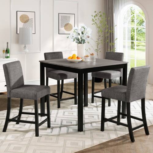 Back. LUCKY ONE - 5-Piece Dining Set with 39" Square Counter Height Table and 4 Upholstered Chairs - Black,Light Gray.