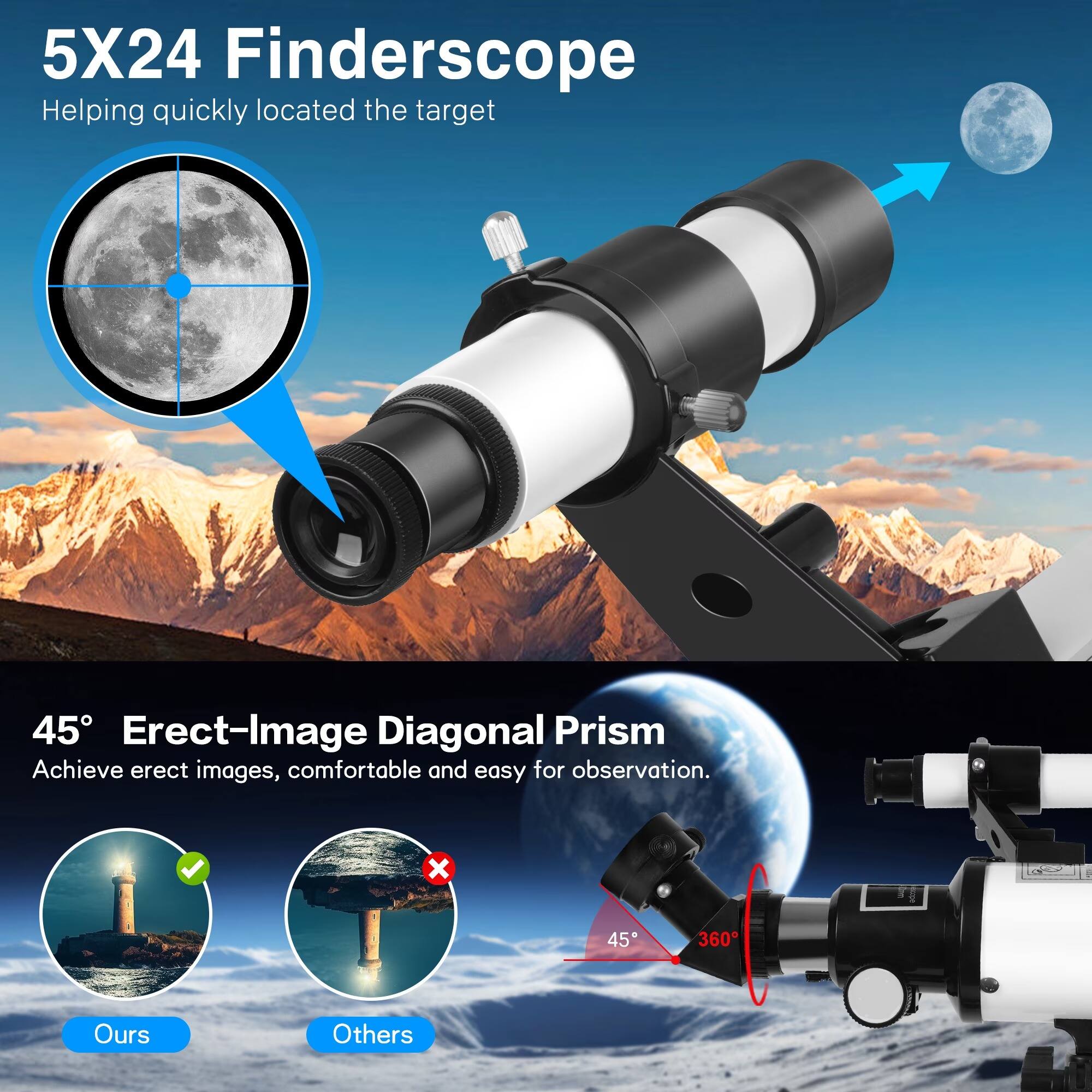 5X24 Finderscope  
Helping quickly located the target

45° Erect-Image Diagonal Prism  
Achieve erect images, comfortable and easy for observation.

Ours  
Others
