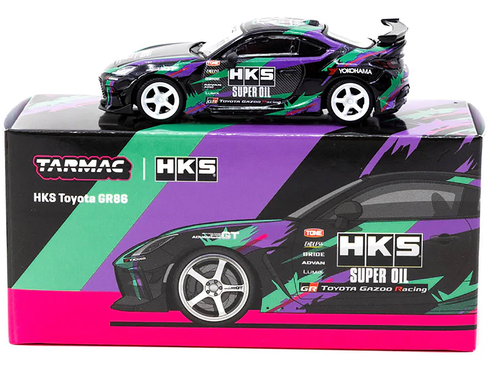 Sure, here is the corrected and grouped text from the image:

- TARMAC
- HKS
- HKS Toyota GR86
- HKS SUPER OIL
- TOYOTA GAZOO Racing
- YOKOHAMA
- ADVAN GT
- TONE
- ENLESS
- BRIDE
- ADVAN
- LUMIX
- GR