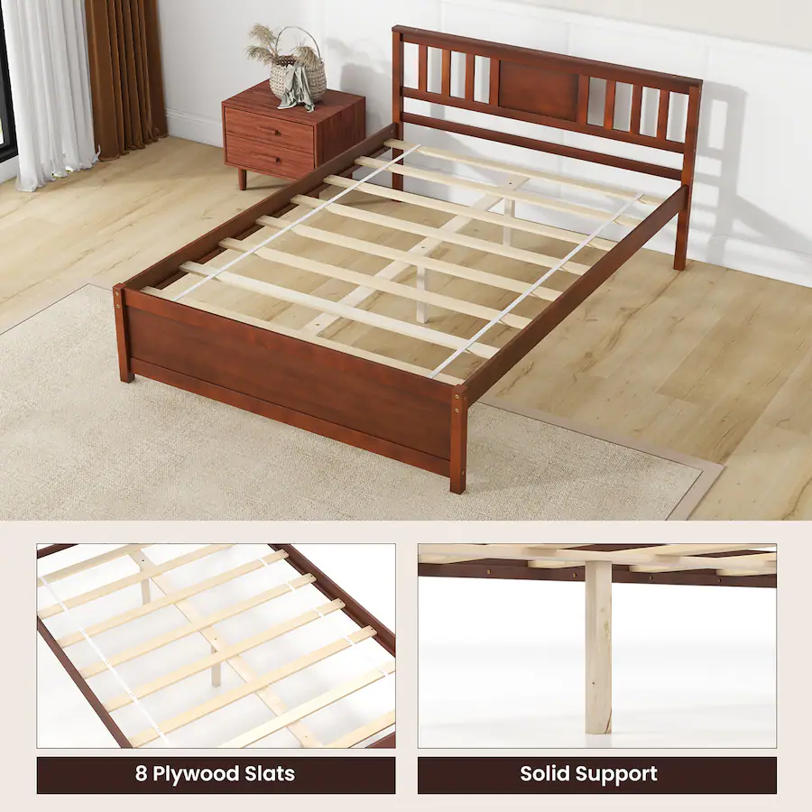 Gymax Full Size Bed Frame w/ Headboard Wood Slat Support No Box Spring ...