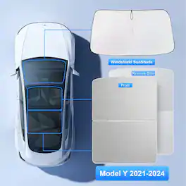 TopFit - 3PCS Tesla Model Y 2021-2024 Foldable Windshield & Roof Sunshade Set, Split Design, No-Sag, Interior UV Protection