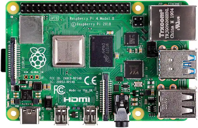Raspberry Pi 4 Model B
© Raspberry Pi 2018
J4 ACT
J8 GPIO
FCC ID: 2ABCB-RPI4B
IC: 20953-RPI4B
CE
FC
Made in the UK
J10 ETHERNET
J14
Trxcom
TRJG0926HENL M 1904
China
ABC-B-RPI4B
RPI4B
DISPLAY
RUN
GLOBAL EN
J2
HDMI
J13
POWER
J6
CAMERA
J12
POE
J11
MXL7704-P4
OMAE
A1943Y4000
9D-G08-A
TA1508
00V-35
9FD77
BROADCOM
TE1933
D9MHV
9FD77
2711ZPKF9806B0T
3 AHM60
MXL
China
J1Z
doKU
EDAC
JIT
zaso
J7
9