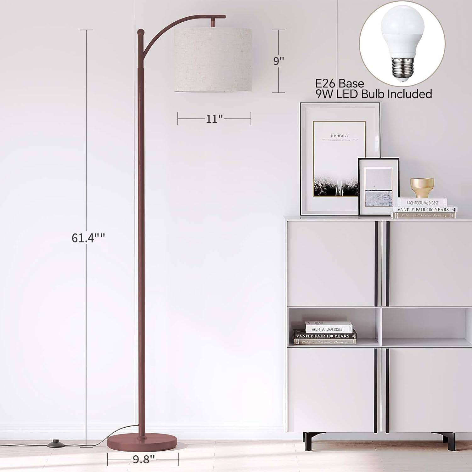 - 9" E26 Base
- 9W LED Bulb Included
- 11"
- 61.4"
- 9.8"