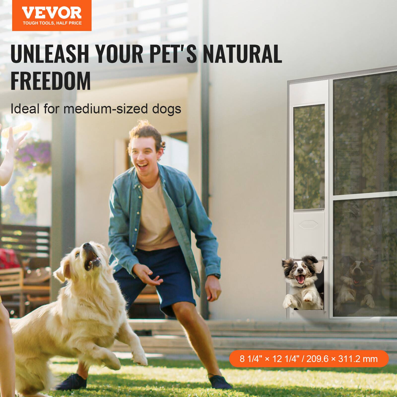 VEVOR TOUGH TOOLS, HALF PRICE. UNLEASH YOUR PET'S NATURAL FREEDOM. Ideal for medium-sized dogs. 8 1/4" x 12 1/4" / 209.6 x 311.2 mm.