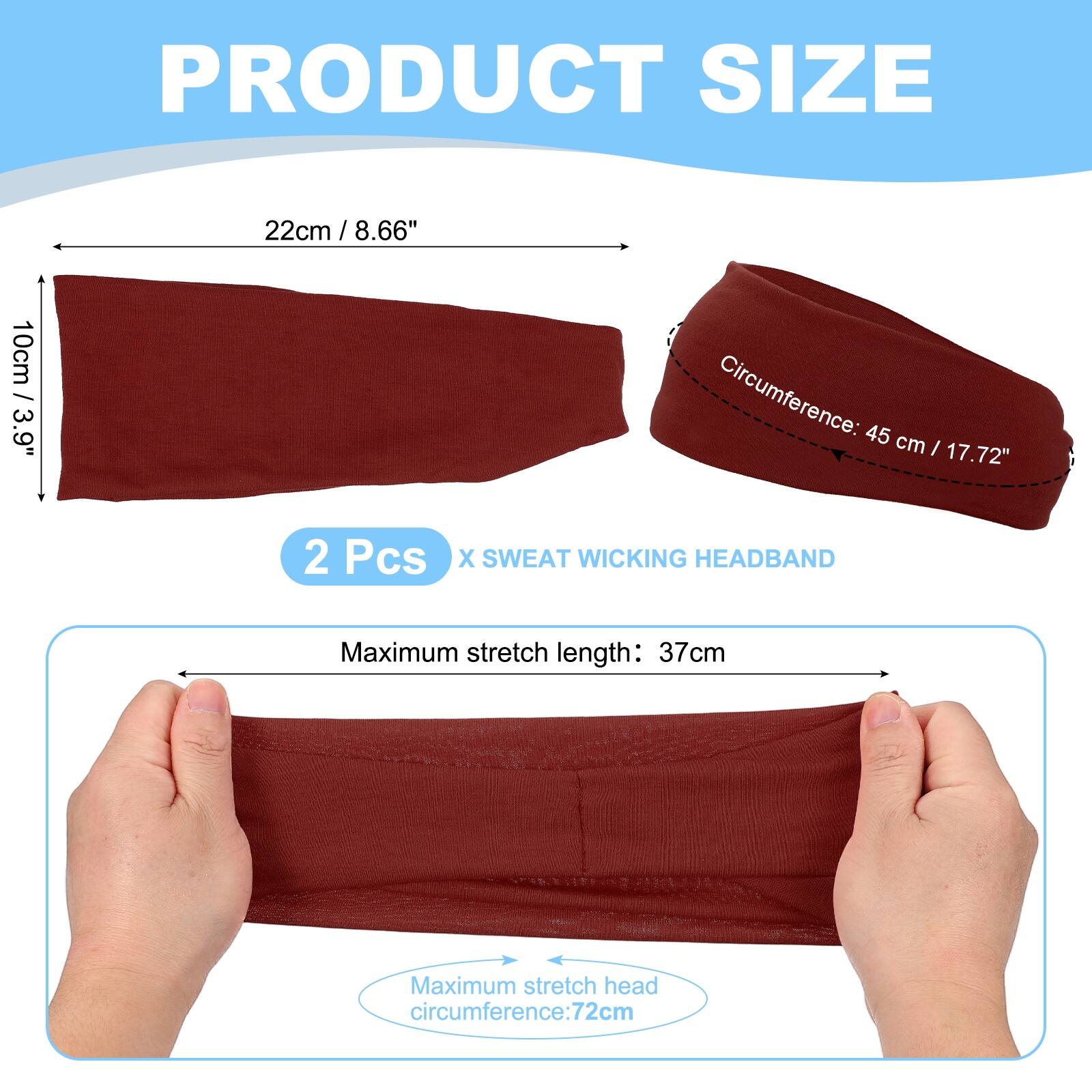 PRODUCT SIZE

22cm / 8.66"  
10cm / 3.9"  
Circumference: 45 cm / 17.72"  

2 Pcs X SWEAT WICKING HEADBAND  

Maximum stretch length: 37cm  
Maximum stretch head circumference: 72cm