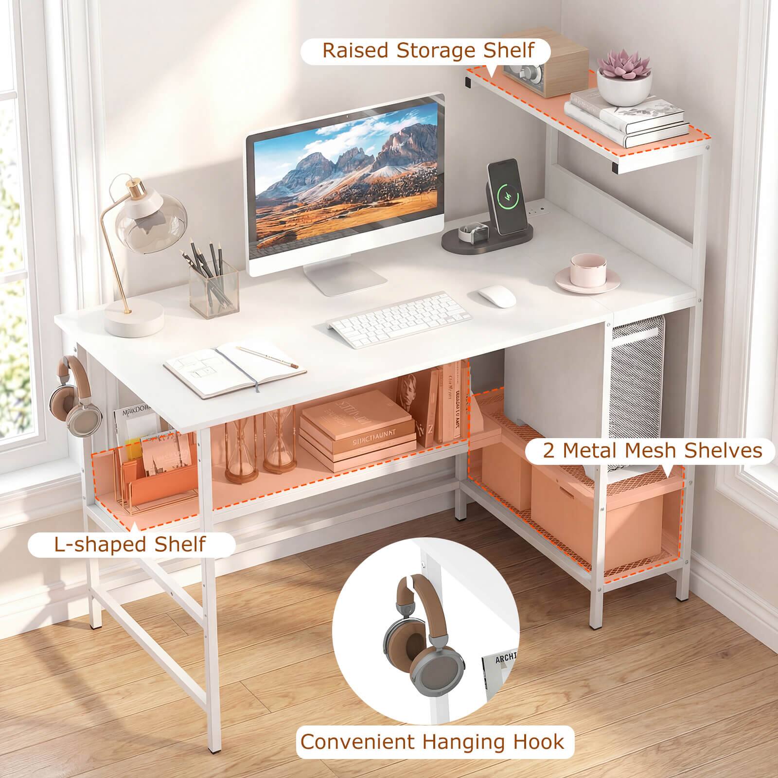 Raised Storage Shelf  
Aaza SUMCTIAUAAT MA NAT SIIC TR I 2 Metal Mesh Shelves  
L-shaped Shelf  
Convenient Hanging Hook