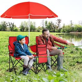 Mondawe - Folding Double Camping Chair w Adjustable Removable Umbrella & Cooler Bag 2-Seat Portable 270 lbs - Red
