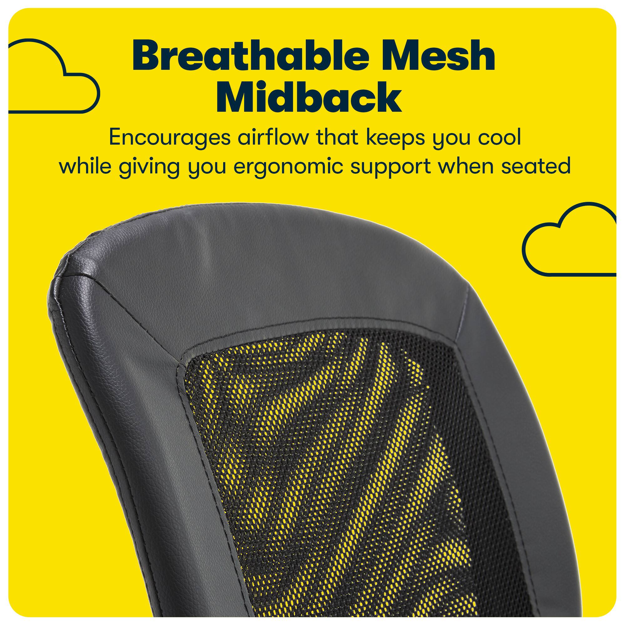 The image features a black and yellow chair with a mesh backrest. The chair is designed to provide ergonomic support while seated, and the mesh backrest encourages airflow to keep the user cool. The chair is likely intended for use in various settings, such as offices, homes, or public spaces, where comfort and support are essential.