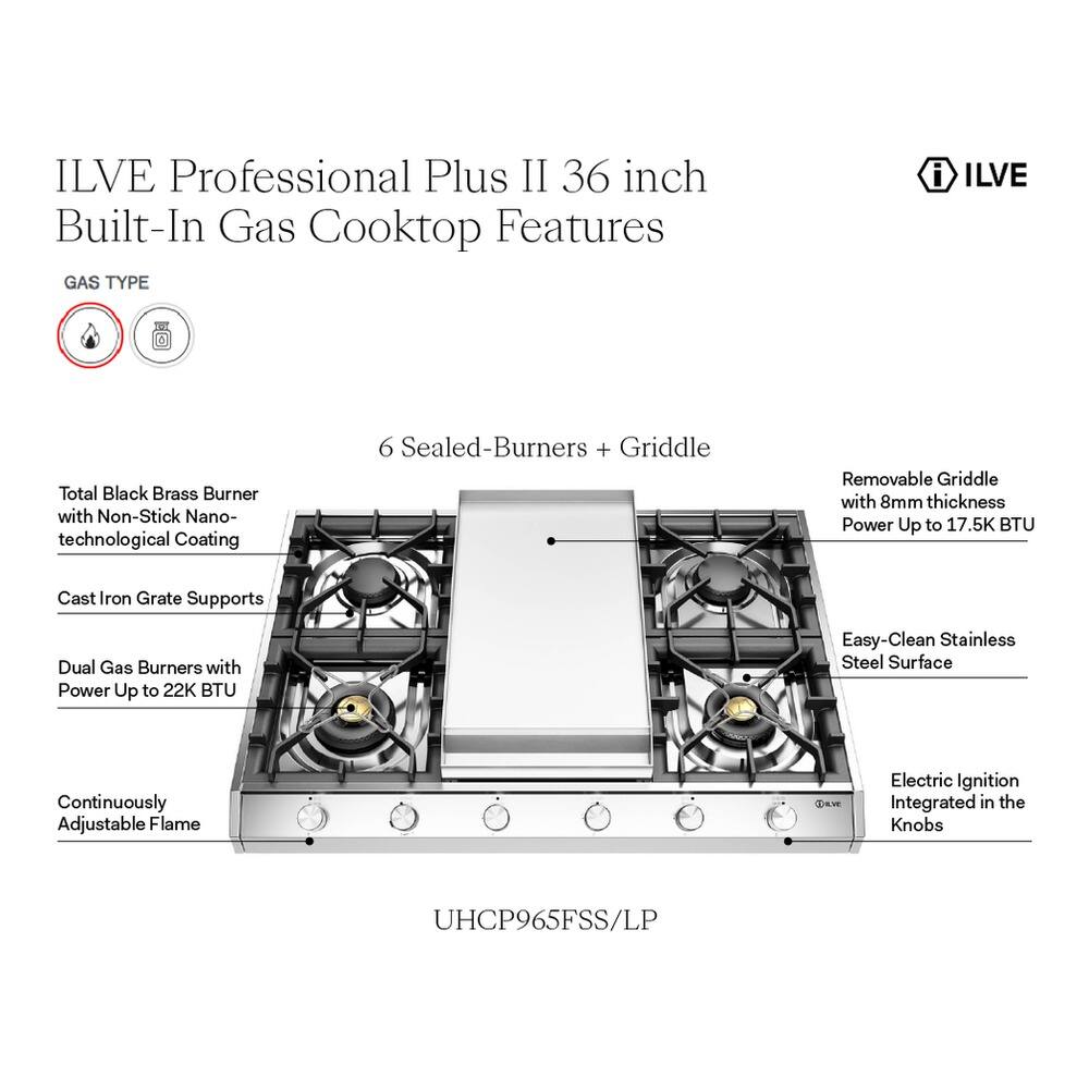 ILVE Professional Plus II 36 inch Built-In Gas Cooktop Features

GAS TYPE

- Total Black Brass Burner with Non-Stick Nano-technological Coating
- 6 Sealed-Burners + Griddle
- Removable Griddle with 8mm thickness Power Up to 17.5K BTU
- Cast Iron Grate Supports
- Dual Gas Burners with Power Up to 22K BTU
- Easy-Clean Stainless Steel Surface
- Continuously Adjustable Flame
- Electric Ignition Integrated in the Knobs

UHCP965FSS/LP