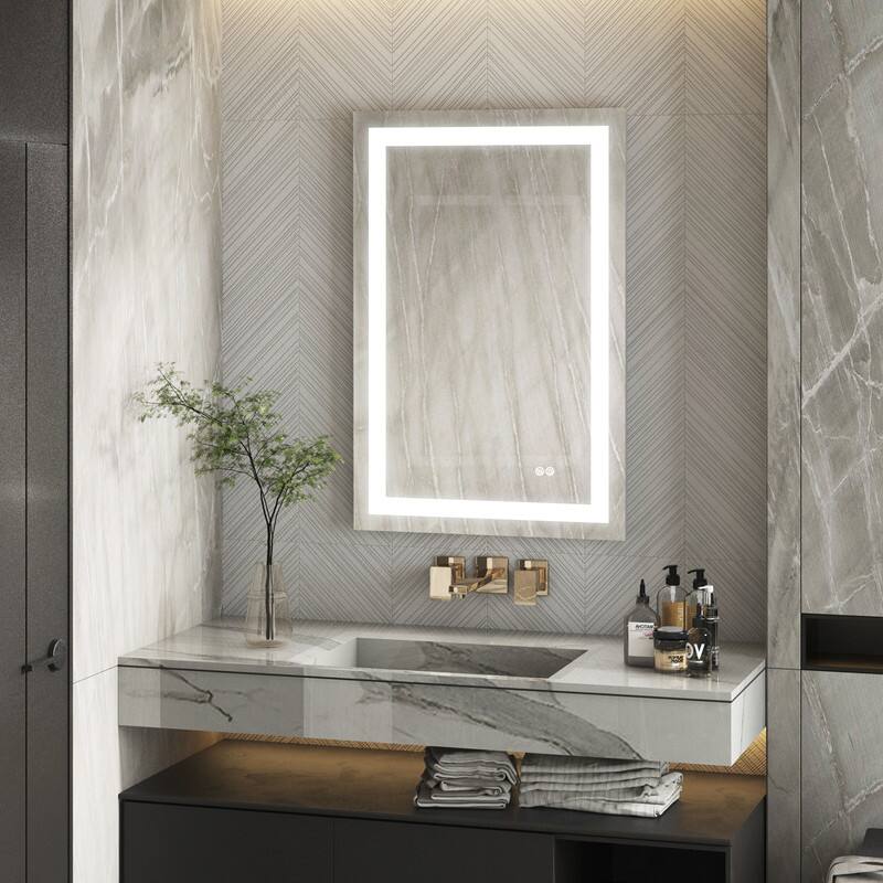 Left. WELLFOR - 24 in Wx36 in H Rectangular Frameless Anti-Fog LED Bathroom Vanity Mirror, Wall Mounted Mirror with Memory Function - Silver.