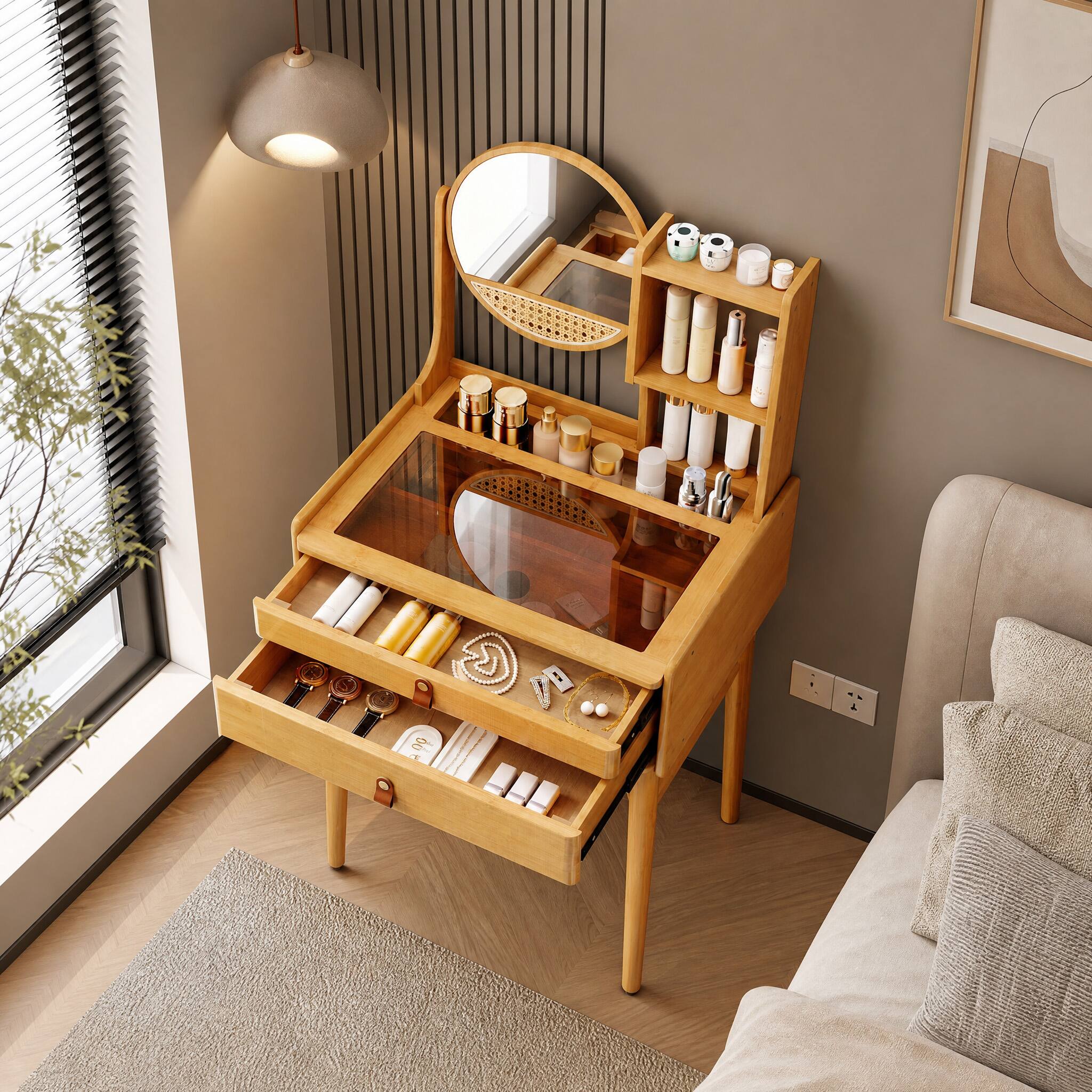 Angle. WELLFOR - 23.5‑in Compact Bamboo Makeup Vanity Desk with 360° Rotatable Round Mirror, Tempered Glass Tabletop & 2 Drawers - Natural.