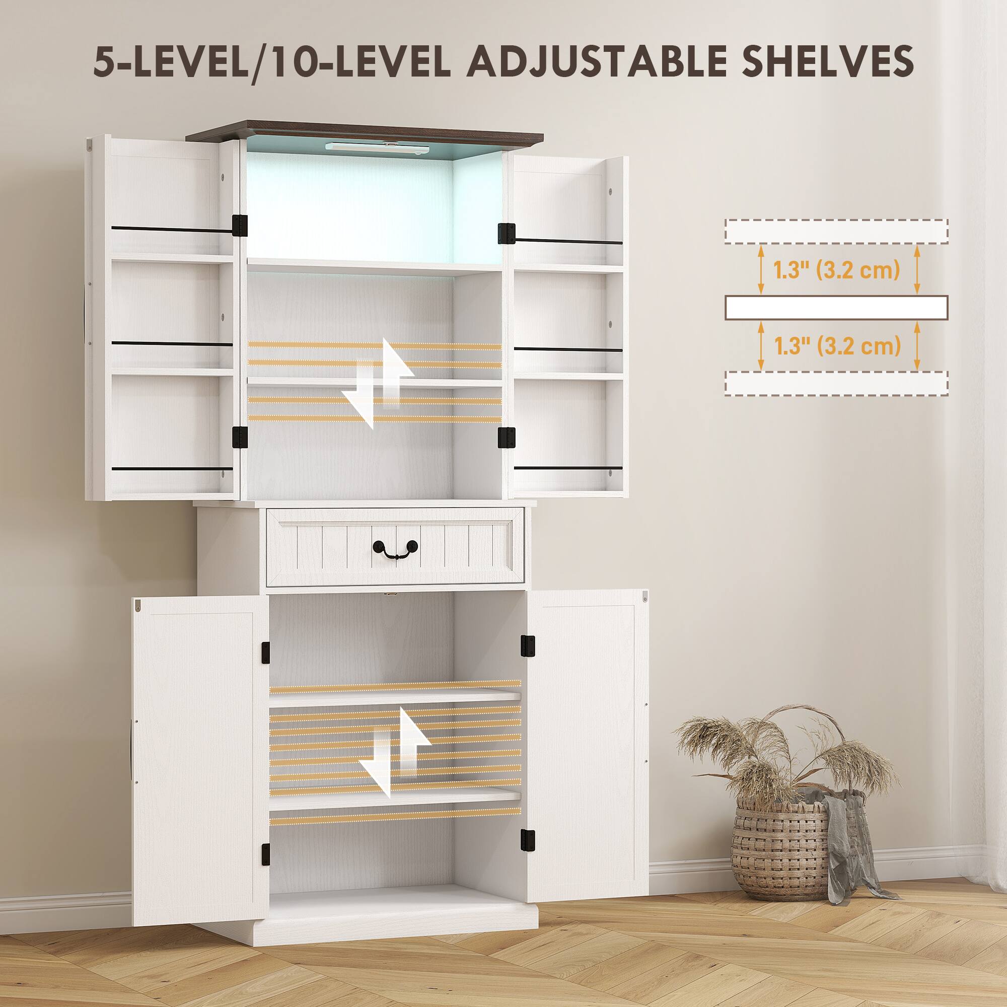 5-LEVEL/10-LEVEL ADJUSTABLE SHELVES
1.3" (3.2 cm)
1.3" (3.2 cm)