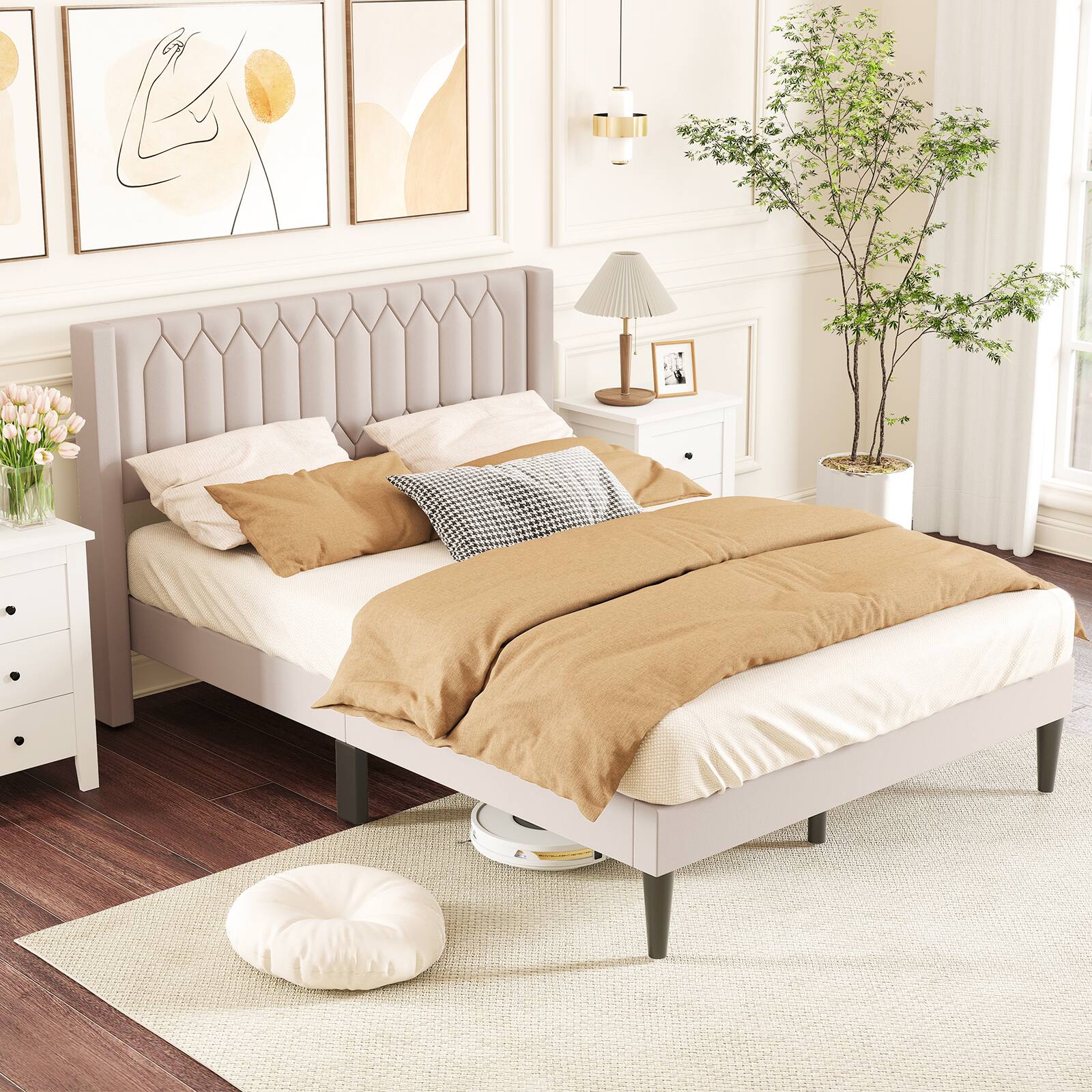 Gymax - Queen Size Bed Frame Dutch Velvet Upholstered Platform Bed w/Wingback Headboard - Beige