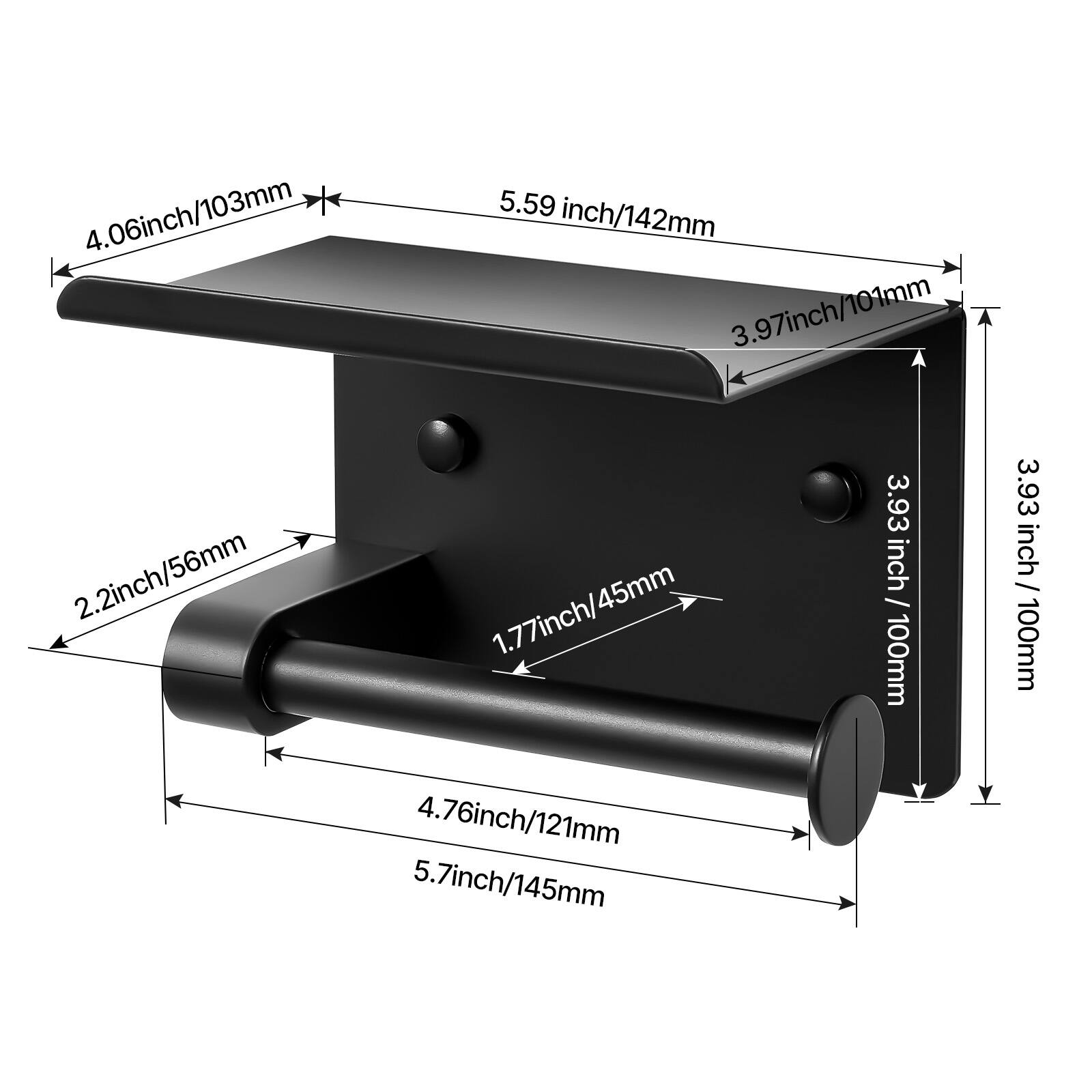 4.06 inch / 103 mm  
5.59 inch / 142 mm  
3.97 inch / 101 mm  
2.2 inch / 56 mm  
1.77 inch / 45 mm  
3.93 inch / 100 mm  
3.93 inch / 100 mm  
4.76 inch / 121 mm  
5.7 inch / 145 mm