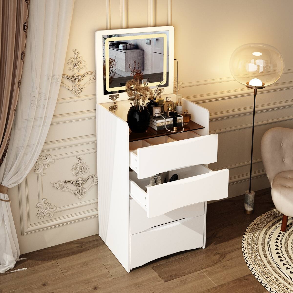 Alt View 1. Famapy - 3-in-1 Flip-Top Vanity Desk: Space-Saving LED Makeup Station, Nightstand & Desk with Storage Stool - White.