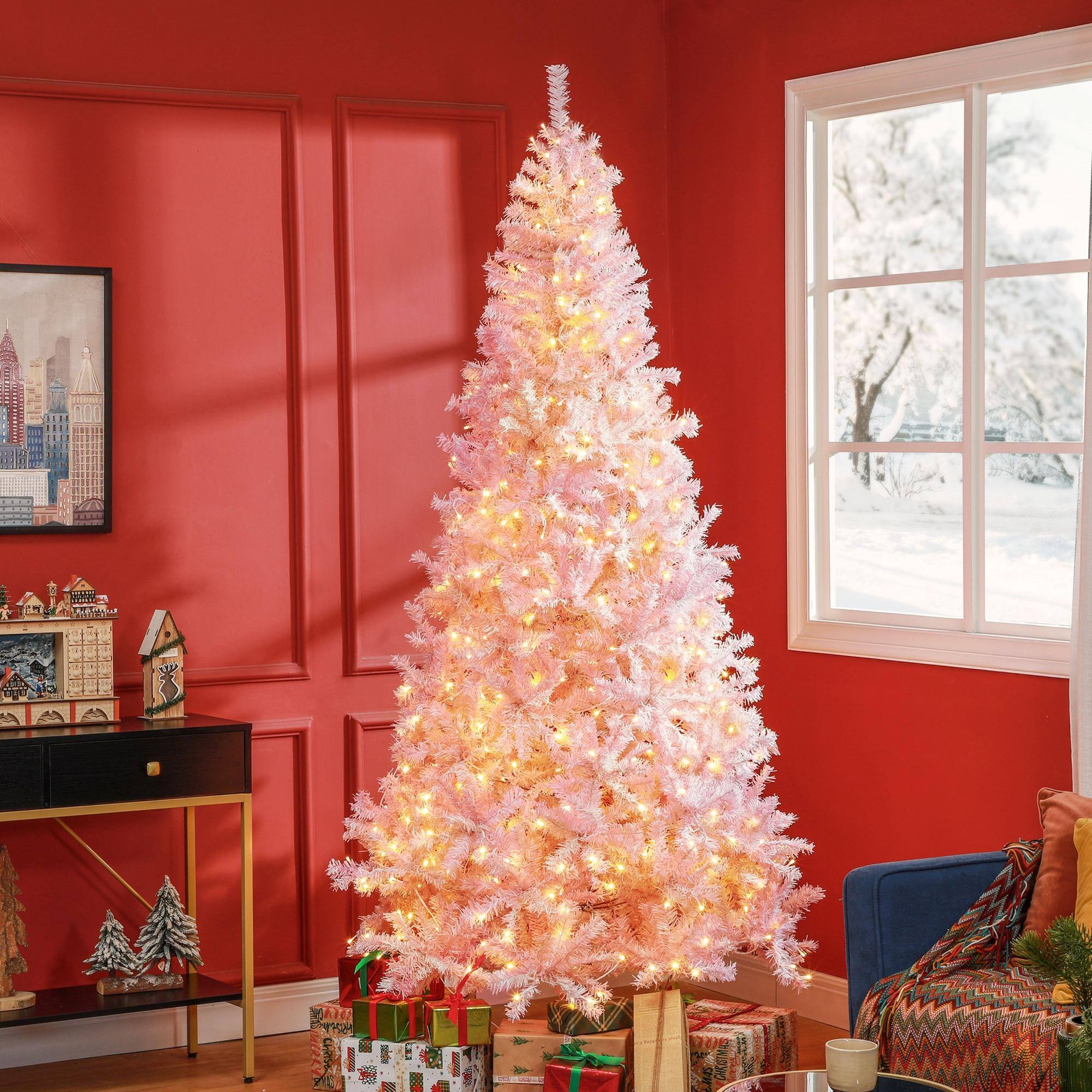 Alt View 1. Homcom - FT Tall PreLit Artificial Christmas Tree with Realistic Branches - Pink.