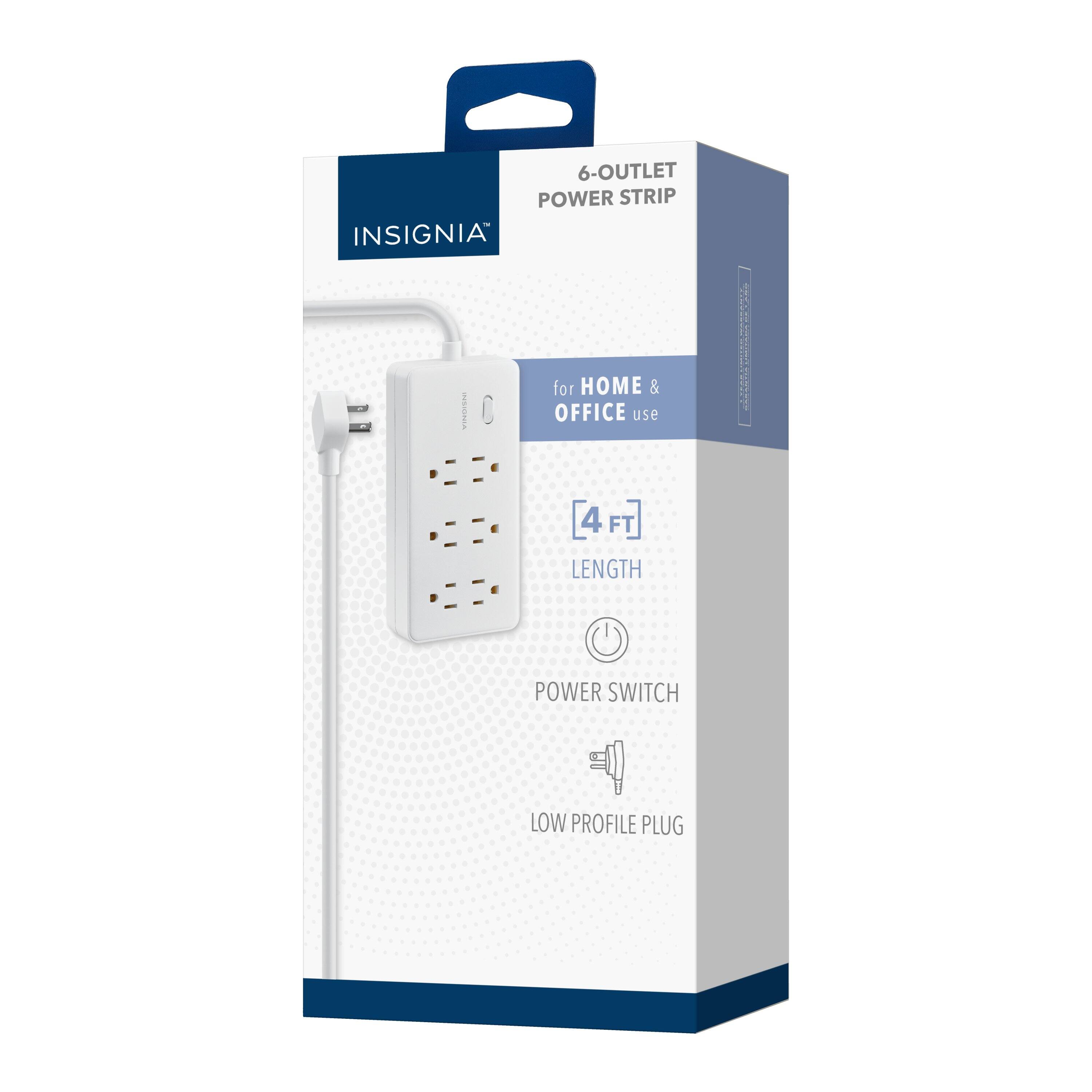 6-Outlet Power Strip by Insignia for Home & Office Use. Features a 4 ft length power switch and a low profile plug.