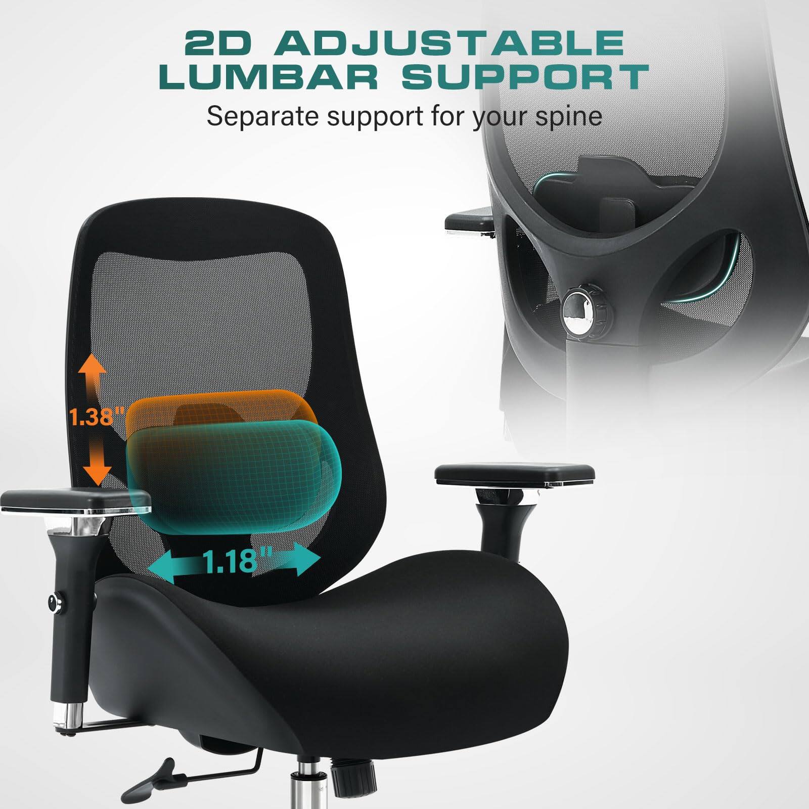 2D Adjustable Lumbar Support  
Separate support for your spine  
1.38"  
1.18"