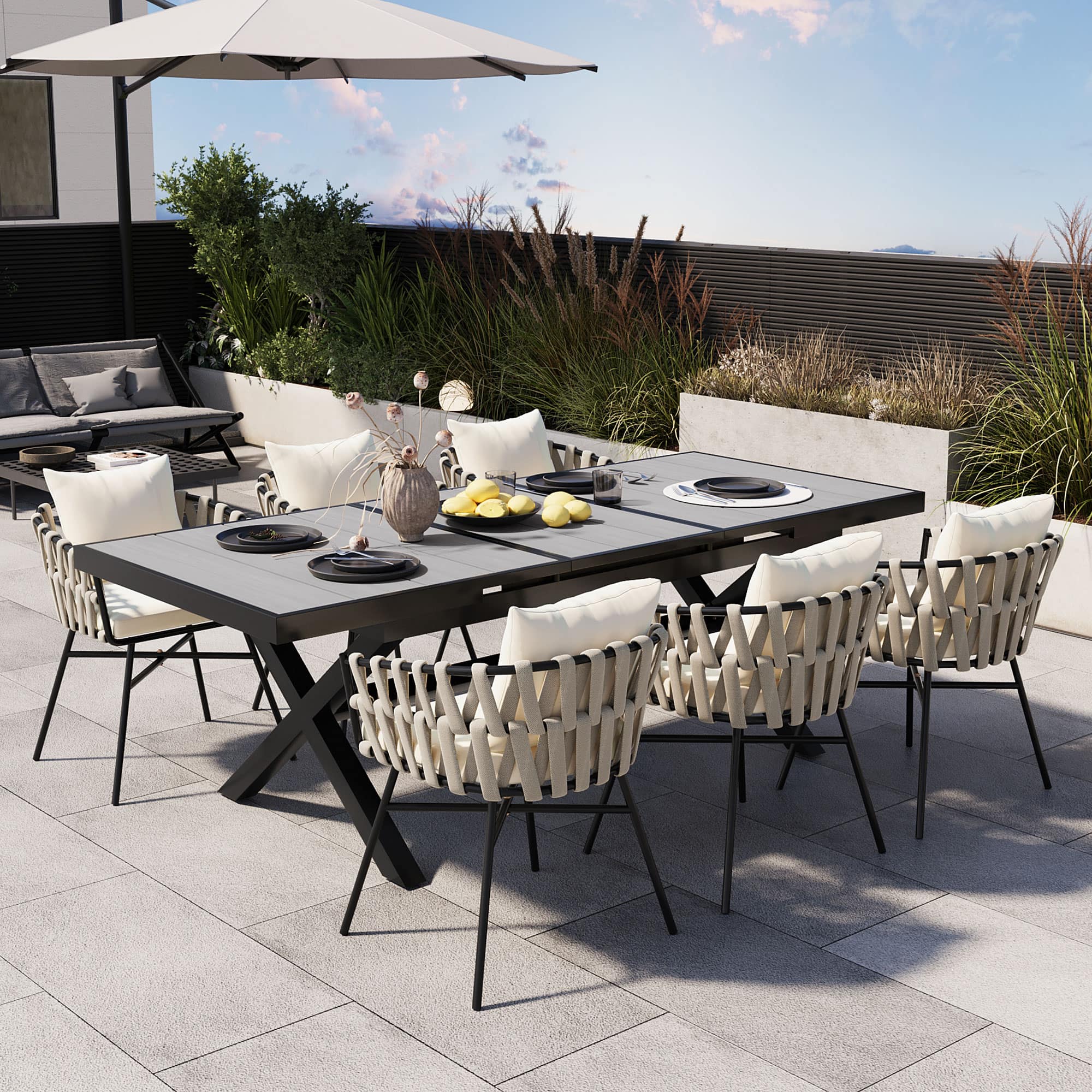 APRILSOUL- U Style 6 Polyester Woven Tape Chairs Expandable Table 629 To 826 Inches Alfresco Dining- Beige,Gray