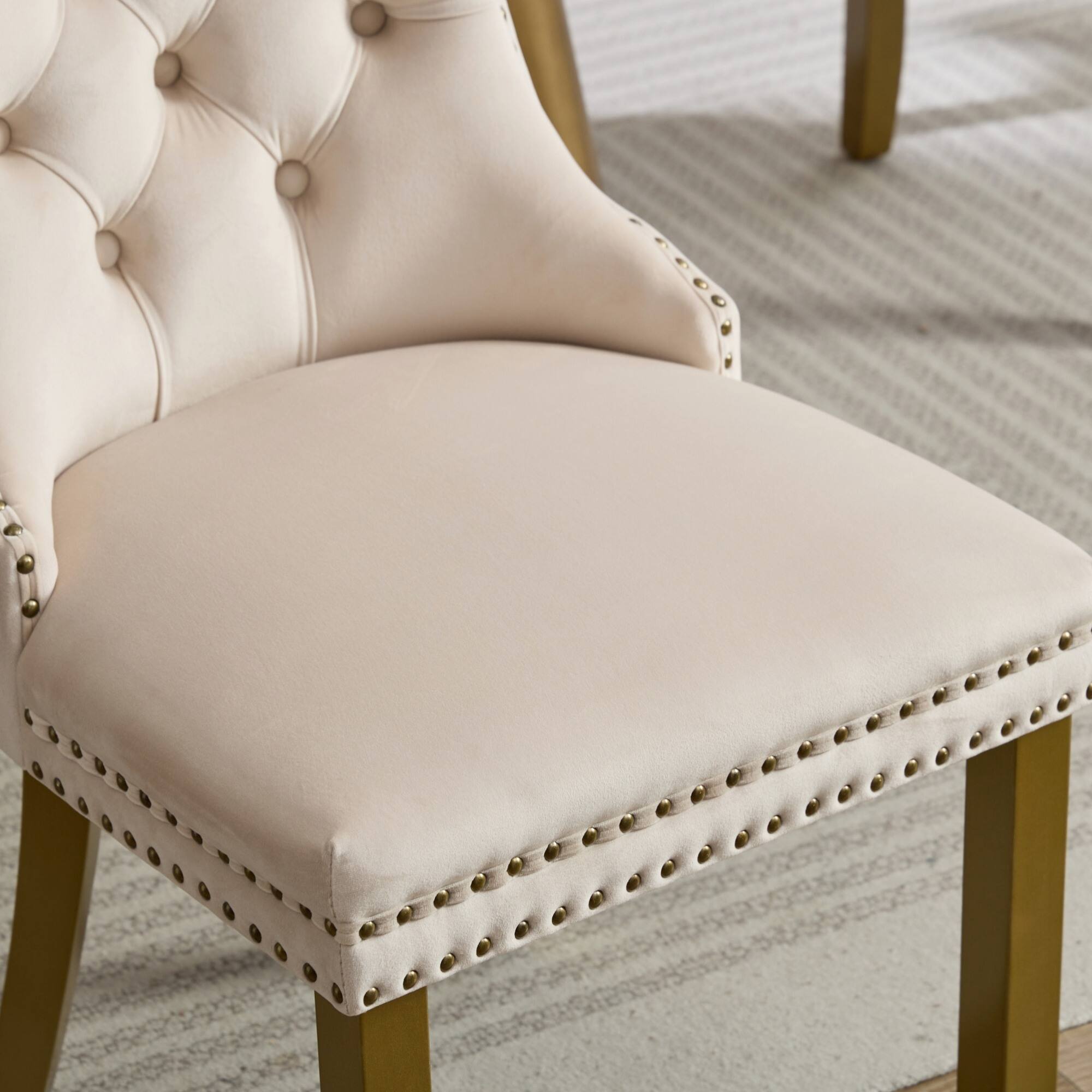 Alt View 8. GOODSILO - Modern Tufted Velvet Dining Chairs with Lion Head Pull Rings and Golden Wooden Legs, Set of 2 - Beige.