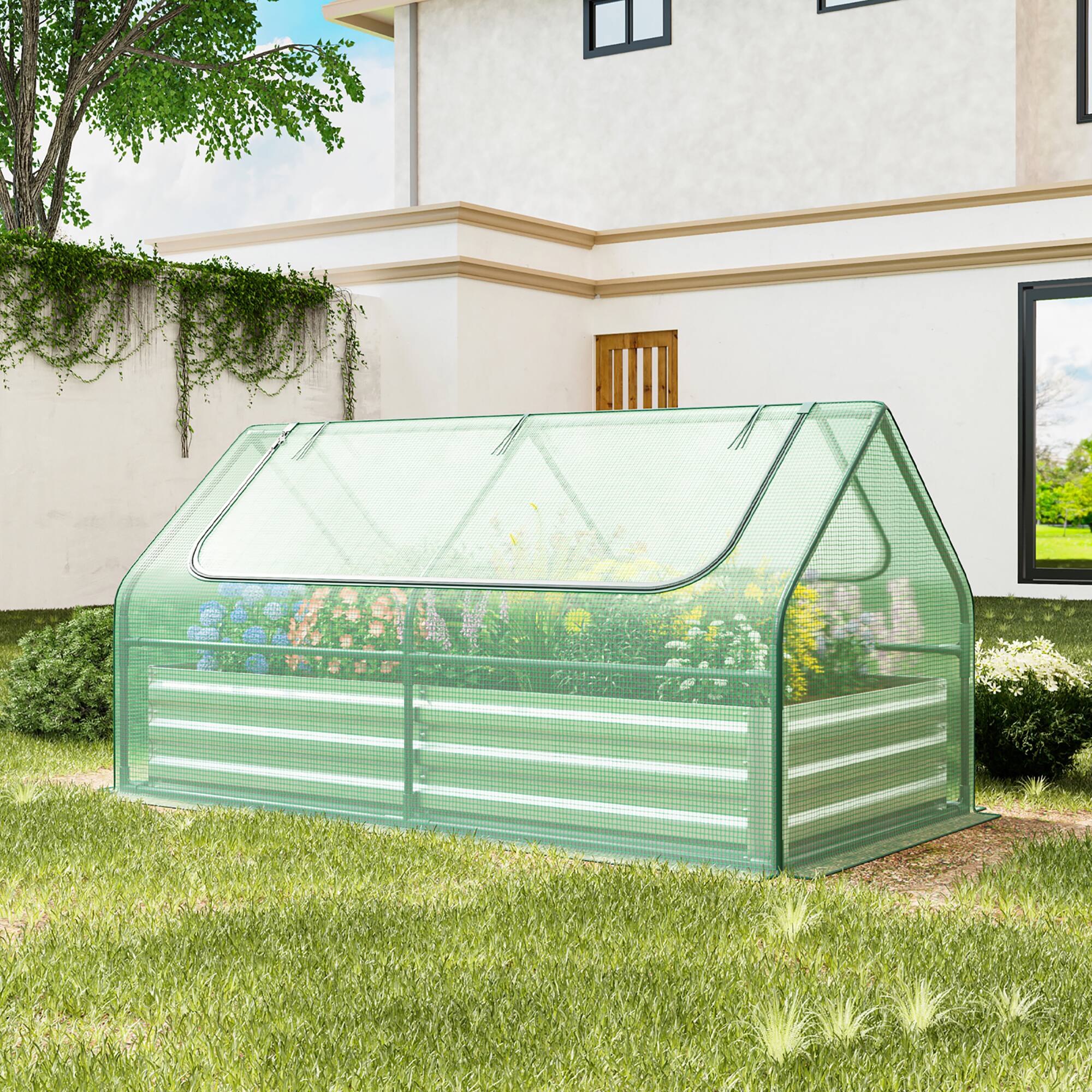 Alt View 1. Gymax - Gymax Galvanized Steel Raised Garden Bed Metal Planter Box Kit w/ Mini Greenhouse Cover - Green, Silver.