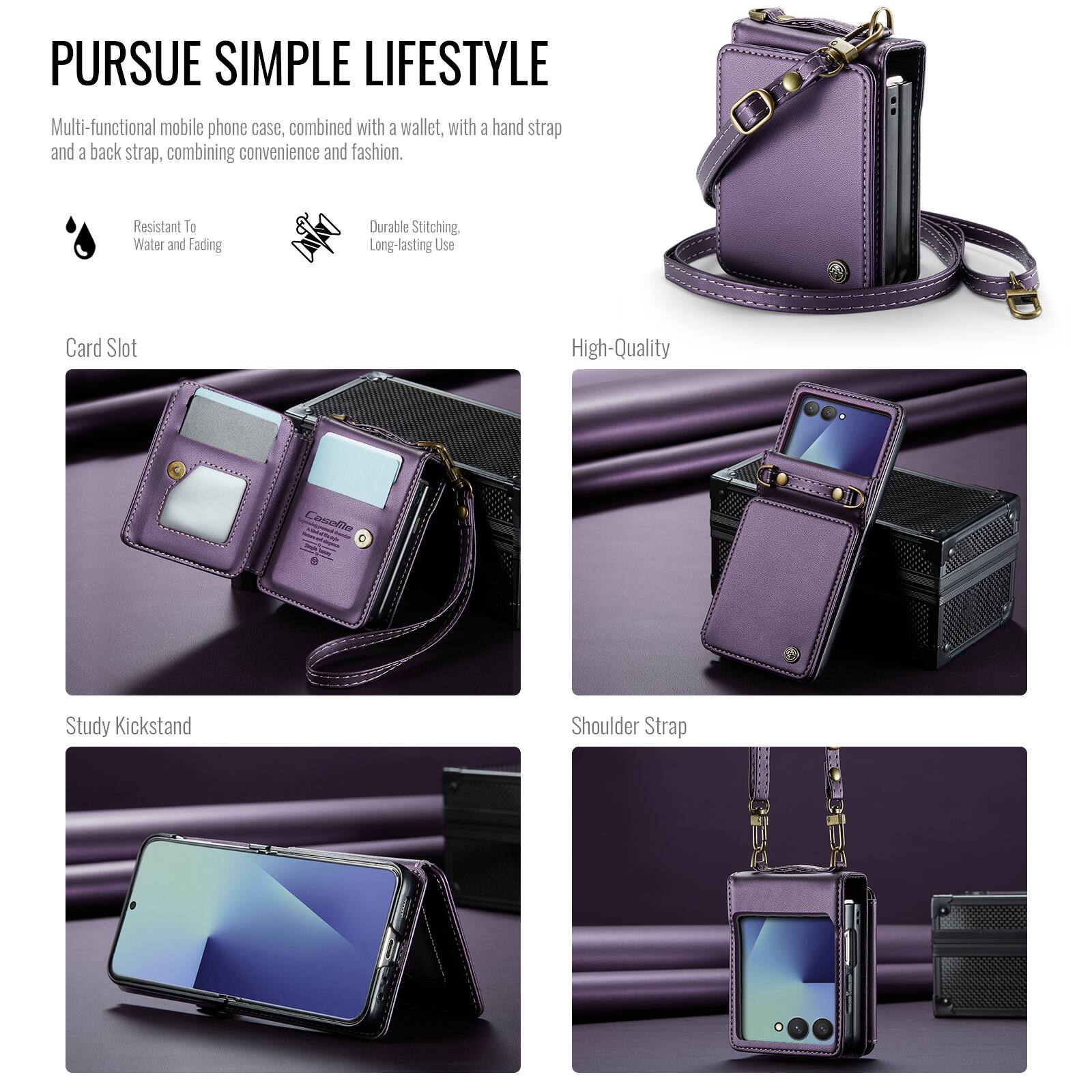 PURSUE SIMPLE LIFESTYLE

Multi-functional mobile phone case, combined with a wallet, with a hand strap and a back strap, combining convenience and fashion.

- Resistant to Water and Fading
- Durable Stitching, Long-lasting Use
- High-Quality
- Card Slot
- Study Kickstand
- Shoulder Strap