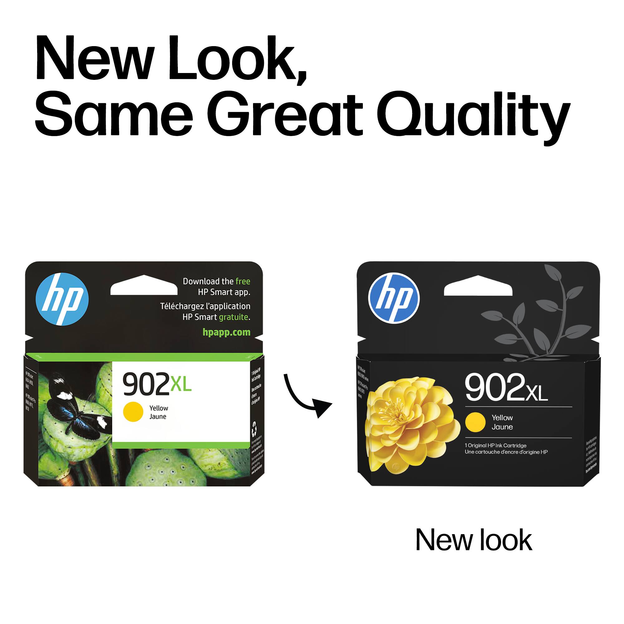New Look, Same Great Quality

Download the free HP Smart app.  
Téléchargez l'application HP Smart gratuite.  
hpapp.com

902XL  
Yellow Jaune

New look
