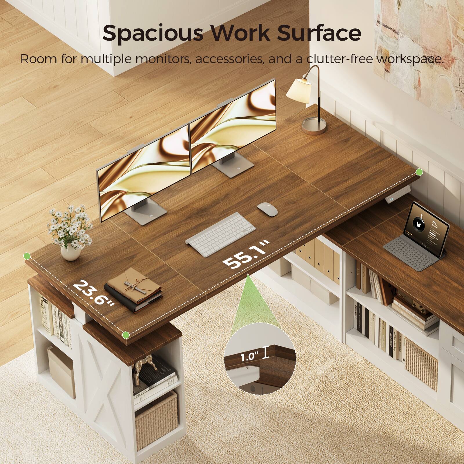 OffiGo Farmhouse L Shaped Electric Standing Desk with Open Storage ...