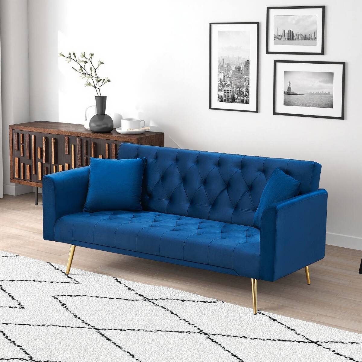 Angle. Ropilly - Ropilly 71 Inch Convertible Loveseat Sofa Blue Velvet Sofa Bed for Small Living Room Bedroom Office - Blue.