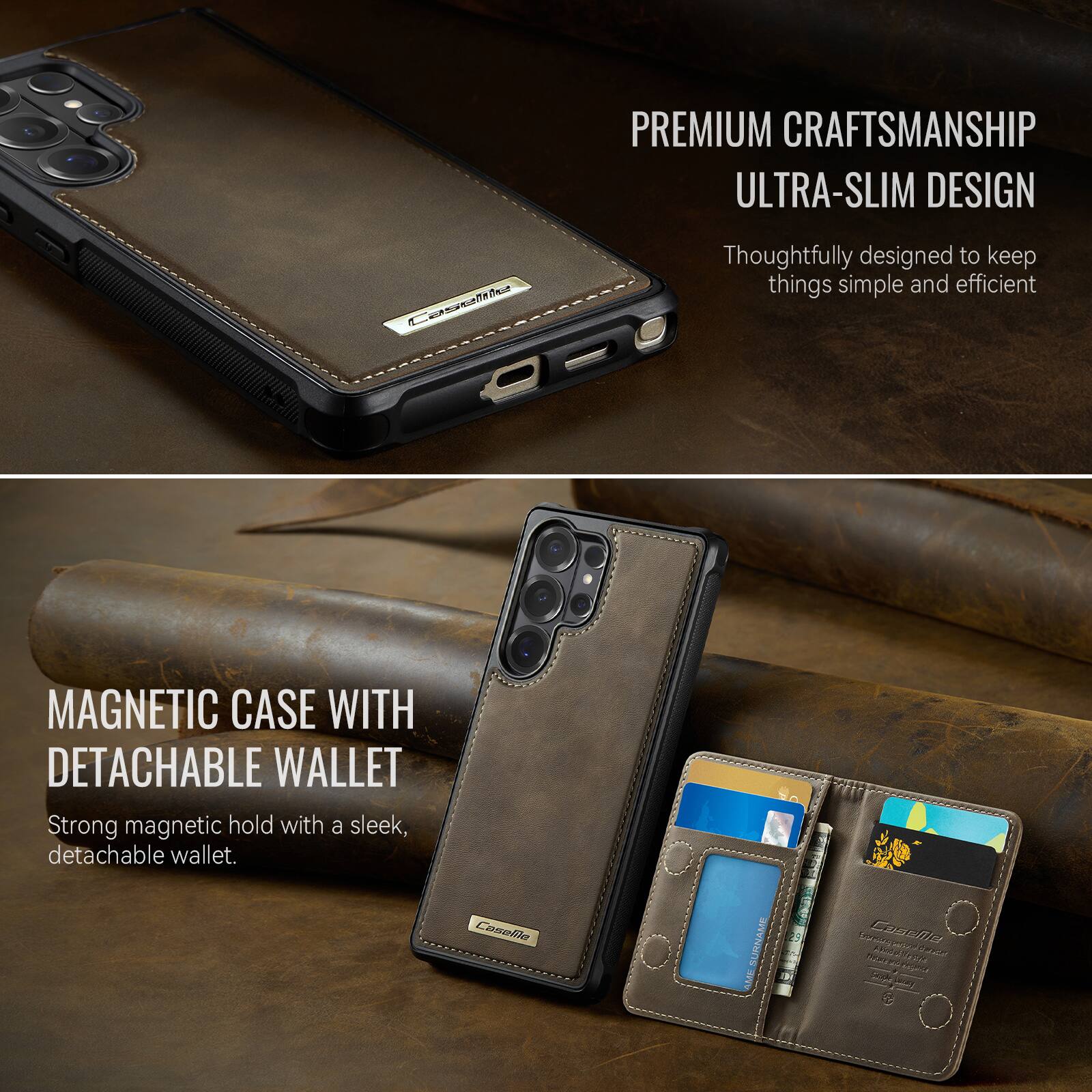 PREMIUM CRAFTSMANSHIP ULTRA-SLIM DESIGN  
Thoughtfully designed to keep things simple and efficient  

MAGNETIC CASE WITH DETACHABLE WALLET  
Strong magnetic hold with a sleek, detachable wallet.