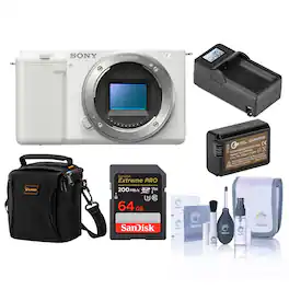 Bundle - Sony - ZV-E10 Mirrorless Camera, White, with 64GB Memory Card, Li-Ion Battery and Shoulder Bag