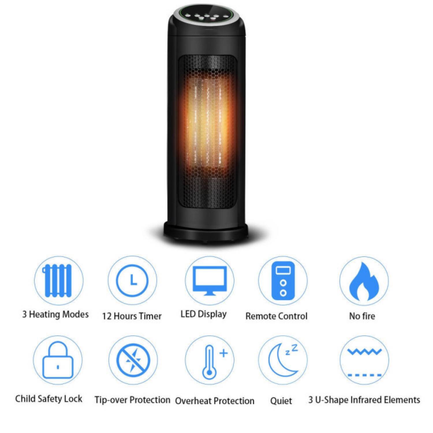 L 3 Heating Modes  
12 Hours Timer  
LED Display  
Remote Control  
No fire  
Child Safety Lock  
Tip-over Protection  
Overheat Protection  
Quiet  
3 U-Shape Infrared Elements